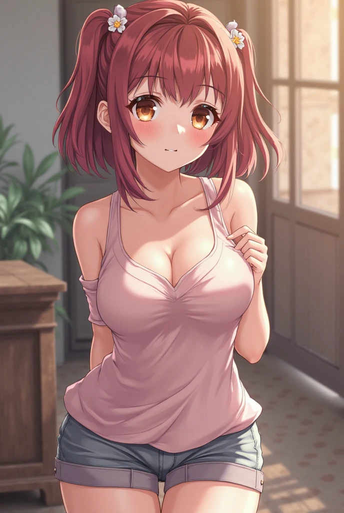 woman,Red hair,Twin tails,Angry face,blush,Big Breasts,Thick thighs,Black Tube Tops(Strapless),Denim shorts,Cleavage,Sweaty,Gravure idol pose