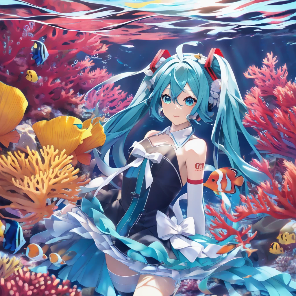 ((Highest quality)), ((masterpiece)), (detailed), One girl, Hatsune Miku,海の中に沈んでいくHatsune Miku,deep sea,Sea,Being in the sea,In the water,