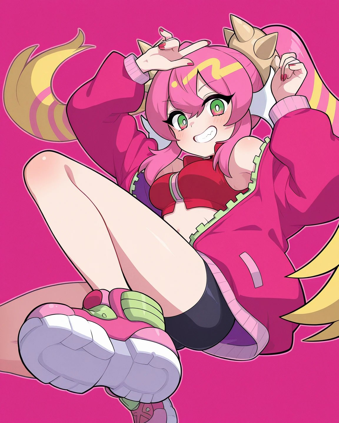 pov, akazutsumi_momoko, orange hair, pink vest, pink skirt, black fingerless gloves, young, cartoon, ribbon, long hair, missionary sex, lost eyes, hands on face, belt, shoes, smile, half-closed eyes
