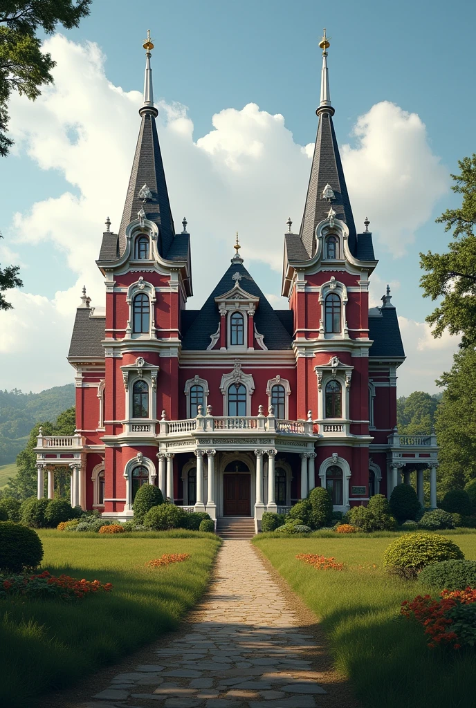 In a countryside, there is a House with form of Royal victorian houses with maroon red color
and white colors exterior of it with two Obeliskes side by side