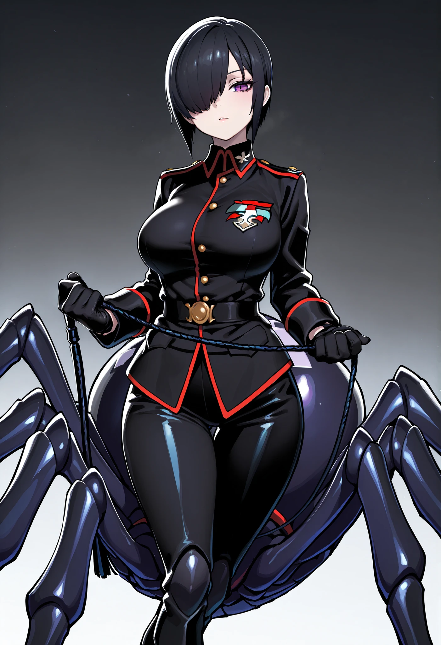 Arachne Girl. Military uniform. Black hair. Straight hair. Short hair. One eye covered. Sexy gaze. Black costume. Gloves. Spider legs. Phosphorescent spider. Whip. Pert breasts. Multiple legs.