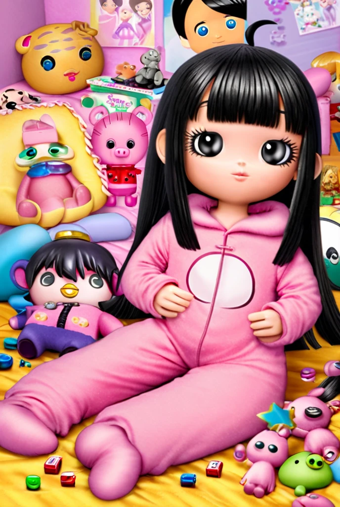 (aesthetic, high quality, ultra detailed CG), a blushing girl, short black hair, big eyes, "panda theme hoodie", wearing a diaper, black thigh high socks and mary jane shoes, a full body portrait, standing up pose, casual dynamic pose, high key lighting, pastel colors, anime-style, light green bright background.