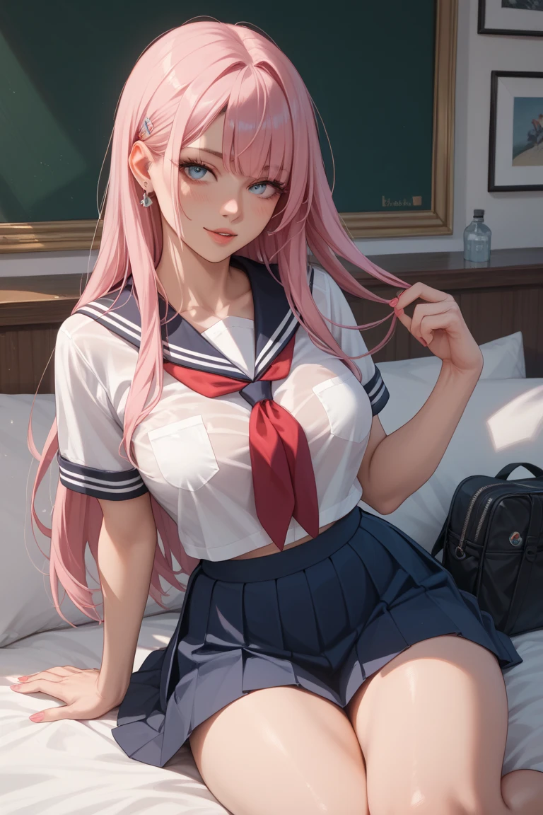 Beautiful illustration、top-quality、Cute s、Bedroom、A pink-haired、length hair、(((Pink pleated skirt)))、(((pink sailor suit)))、shortsleeves、Colossal tits、a navel、Flipping up the skirt with your hands、Show white panties、Pull up your skirt and show your panties、bare-legged、blue eyess、on the beds、lovely thighs、glowing thigh、Cute smile
