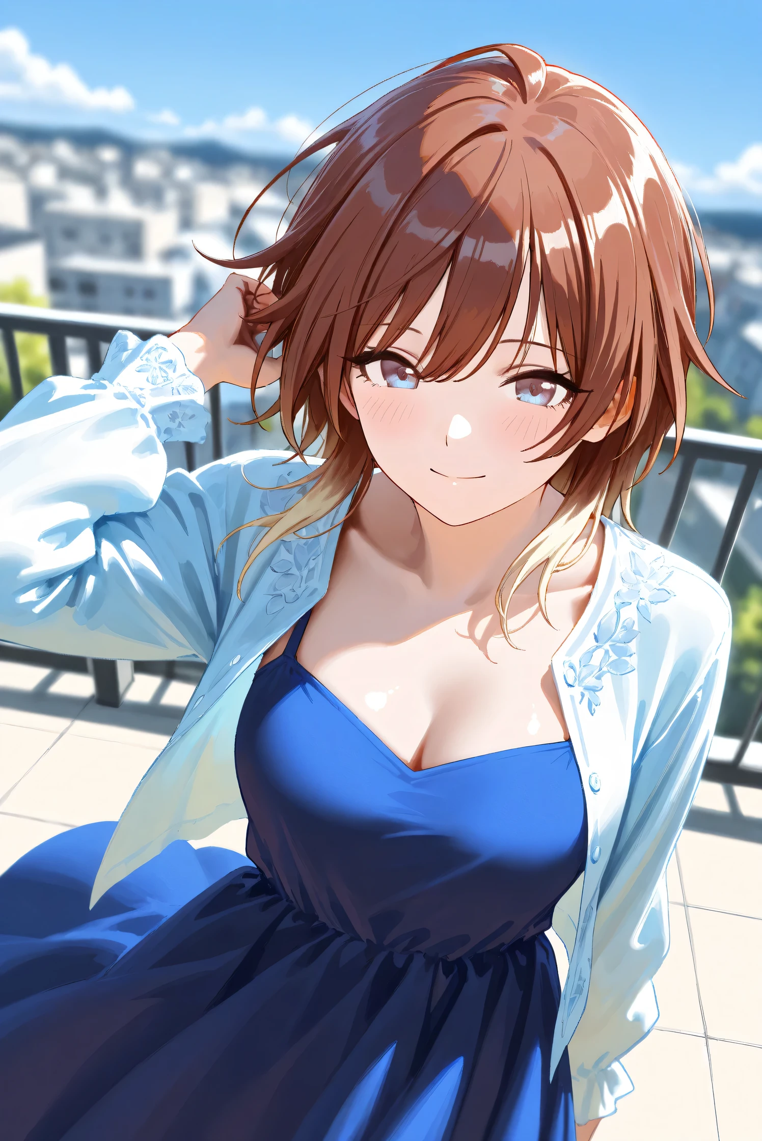 (Masterpiece), (Highest quality), (Very detailed),
(The best shape), (Best Shadow), (Absurd),
(Detailed background), (So beautiful), Shiny ,
Extraordinary, Countershading, 8k, 32K, High resolution, Beautiful eyes in every detail,
Very Detailed CG, UHD,
Score_9, Score_8_up, Score_7_up, Source_anime,
(Pastel painting:1.2), (Watercolor painting:1.2),
(Masterpiece, Detailed:1.2), (Foreshortening:1.2),
Cinematic, Dramatic, (Depth of field:1.4),
(Blurry background:1.4), (Realistic background:1.4),
(Foreshortening:1.3),Dynamic angle, 1 girl,
Outdoor, rooftop, blue sky, cloud, wind,
aketa mikoto,
The idolmaster shiny colors,
m_aketa,
brown hair, medium hair, blonde hair, multicolored hair,
brown eyes, blue eyes, multicolored eyes,
(Casual wear:1.3),
(indigo dress:1.1), casual dress, long dress,
shirt, open shirt, long sleeves shirt,
portrait, Focus on face, close up shot,
(Blush:1.3), smile,
putting hair in ears
Realistic skin, Shiny skin,