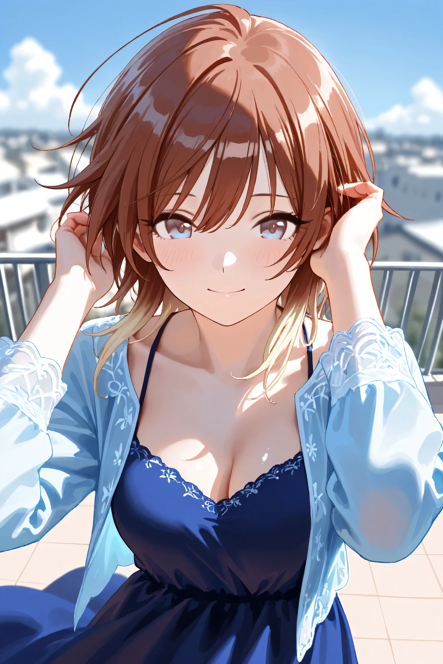 (Masterpiece), (Highest quality), (Very detailed),
(The best shape), (Best Shadow), (Absurd),
(Detailed background), (So beautiful), Shiny ,
Extraordinary, Countershading, 8k, 32K, High resolution, Beautiful eyes in every detail,
Very Detailed CG, UHD,
Score_9, Score_8_up, Score_7_up, Source_anime,
(Pastel painting:1.2), (Watercolor painting:1.2),
(Masterpiece, Detailed:1.2), (Foreshortening:1.2),
Cinematic, Dramatic, (Depth of field:1.4),
(Blurry background:1.4), (Realistic background:1.4),
(Foreshortening:1.3),Dynamic angle, 1 girl,
Outdoor, rooftop, blue sky, cloud, wind,
aketa mikoto,
The idolmaster shiny colors,
m_aketa,
brown hair, medium hair, blonde hair, multicolored hair,
brown eyes, blue eyes, multicolored eyes,
(Casual wear:1.3),
(indigo dress:1.1), casual dress, long dress,
shirt, open shirt, long sleeves shirt,
portrait, Focus on face, close up shot,
(Blush:1.3), smile,
putting hair in ears
Realistic skin, Shiny skin,