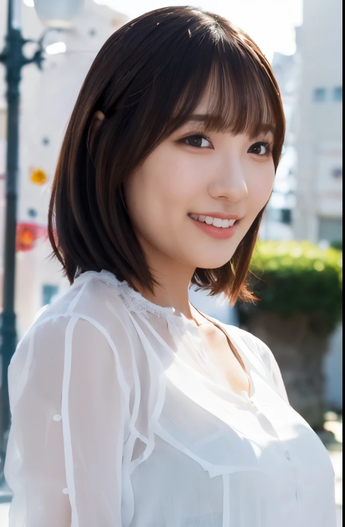 1girl, (white sheer blouse:1.6),(RAW photo, best quality), (realistic, photo-realistic:1.8), masterpiece, an extremely delicate and beautiful, extremely detailed, 2k wallpaper, Amazing, finely detail, extremely detailed CG unity 8k wallpaper, ultra-detailed, highres, soft light, beautiful detailed girl, extremely detailed eyes and face, beautiful detailed nose, beautiful detailed eyes,cinematic lighting,(in the city:2.0),perfect anatomy,(slender body:1.6),(close up face:1.6),(laugh,friendly, warm:1.8),(looking at viewer:2.0),(young japanese idol:1.8),(wavy shoulder length hair:1.8), (brown eyes:1.8), (cleavage:1.4),