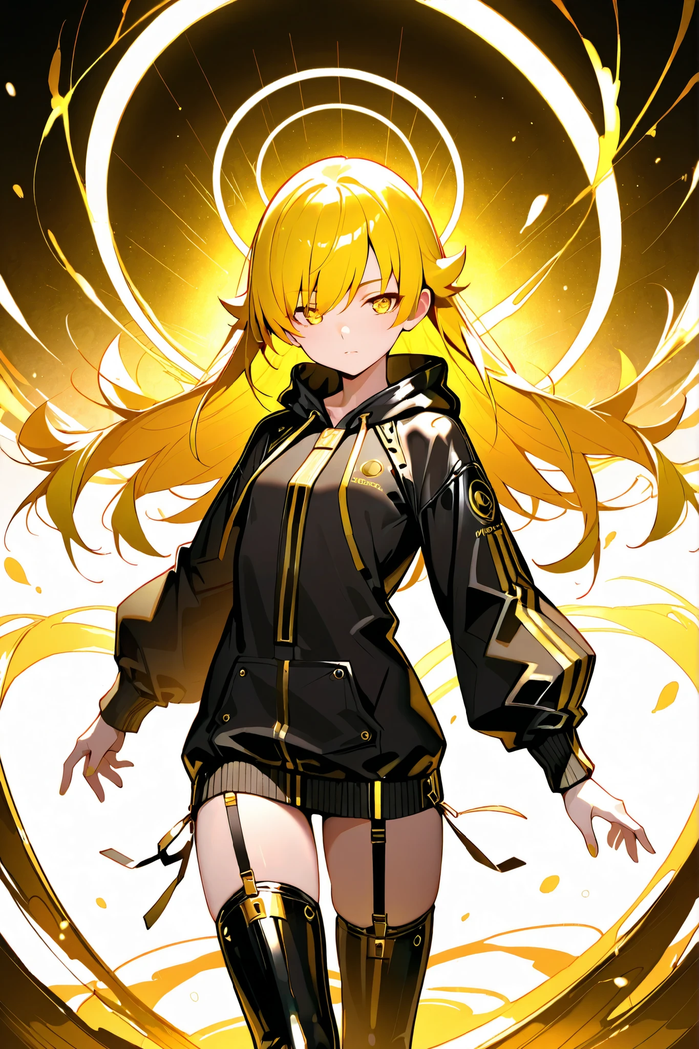 Anime, Girl, (((1girl))), (((Waifu, Oshino Shinobu Waifu))), (((Vivid Yellow Hair, Long Hair))), ((Golden Yellow Eyes eyes, Detailed Eyes)), (Detailed Body, Detailed Face, Slim Face), Human Ears, Dramatic Pose, [(((Gold and White Color Scheme))), Garterbelt, Black Thigh-high boots, Long-Sleeved Hoodie, Techwear, Aura of Golden Light], (masterpiece:1.2), (best quality:1.2), (very aesthetic:1.2), (absurdres:1.2), (detailed background), newest, intricate details,