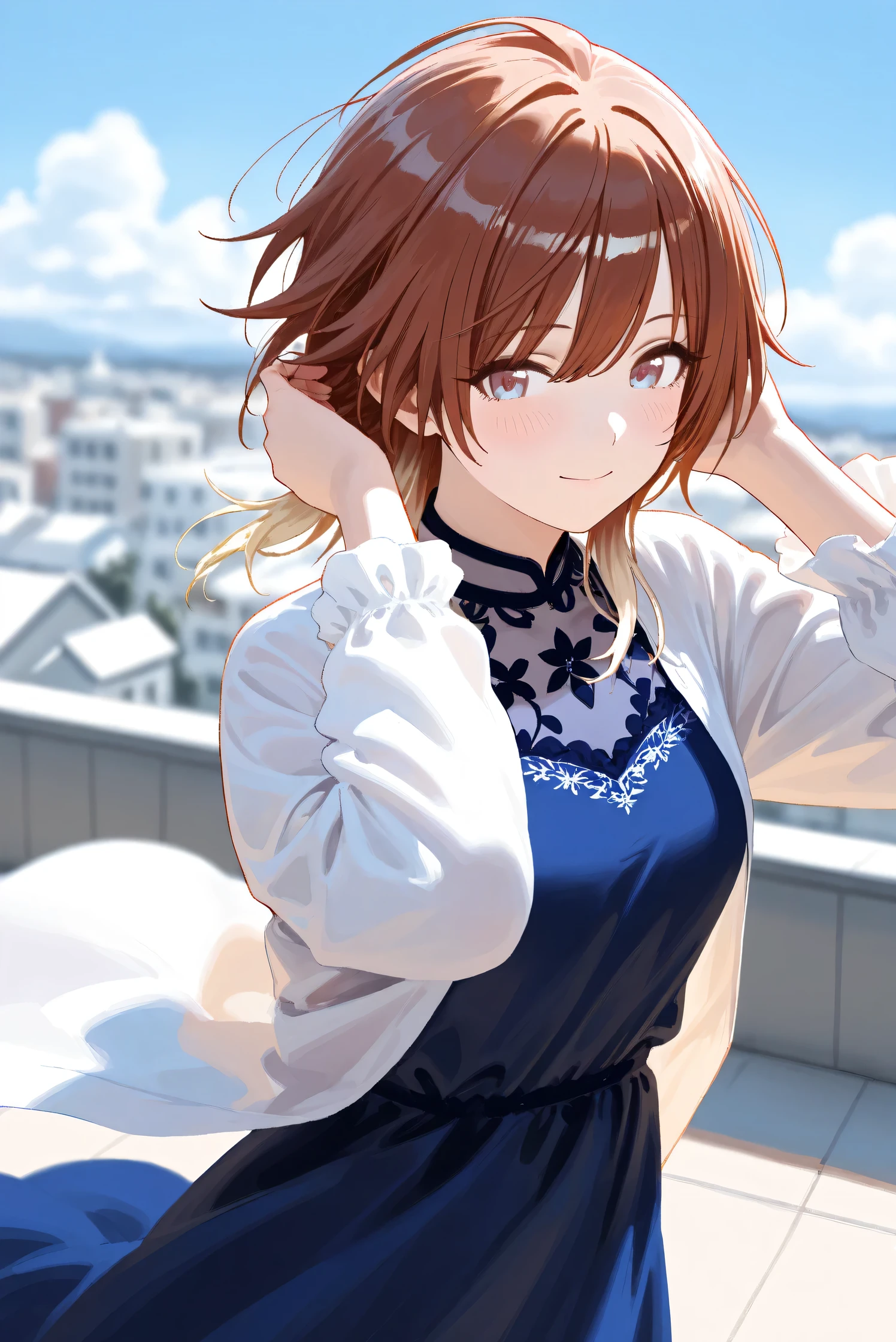 (Masterpiece), (Highest quality), (Very detailed),
(The best shape), (Best Shadow), (Absurd),
(Detailed background), (So beautiful), Shiny ,
Extraordinary, Countershading, 8k, 32K, High resolution, Beautiful eyes in every detail,
Very Detailed CG, UHD,
Score_9, Score_8_up, Score_7_up, Source_anime,
(Pastel painting:1.2), (Watercolor painting:1.2),
(Masterpiece, Detailed:1.2), (Foreshortening:1.2),
Cinematic, Dramatic, (Depth of field:1.4),
(Blurry background:1.4), (Realistic background:1.4),
(Foreshortening:1.3),Dynamic angle, 1 girl,
Outdoor, rooftop, blue sky, cloud, wind,
aketa mikoto,
The idolmaster shiny colors,
m_aketa,
brown hair, medium hair, blonde hair, multicolored hair,
brown eyes, blue eyes, multicolored eyes,
(Casual wear:1.3),
(indigo dress:1.1), casual dress, long dress,
shirt, open shirt, long sleeves shirt,
portrait, Focus on face, close up shot,
(Blush:1.3), smile,
putting hair in ears
Realistic skin, Shiny skin,