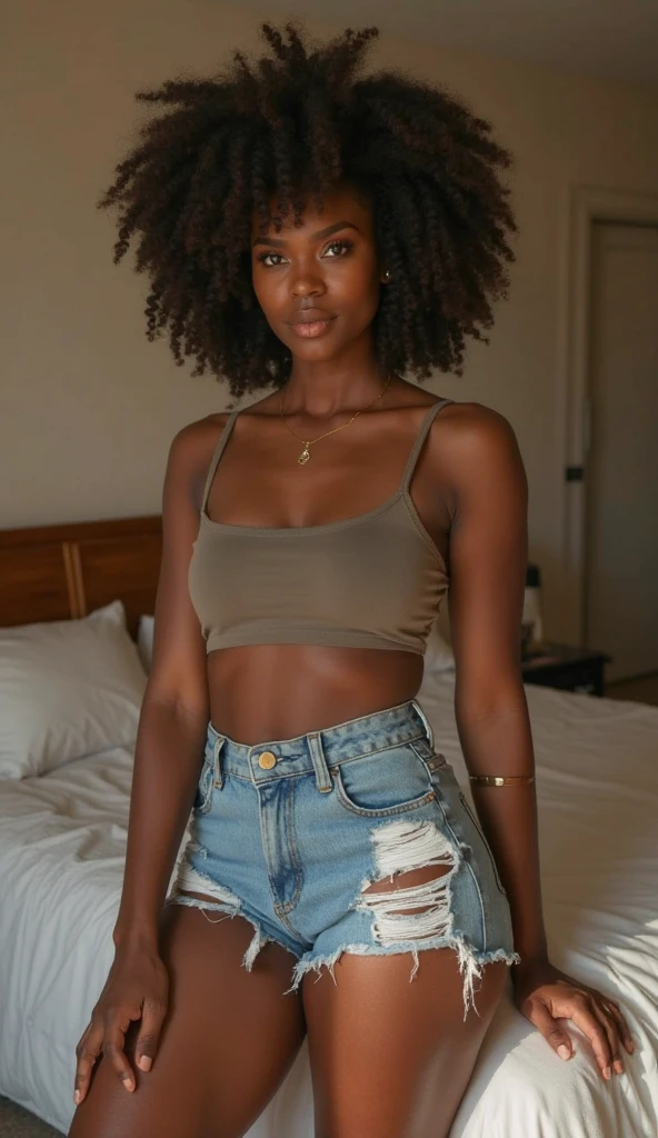 Une jeune fille noire métisse afro-américaine de 20 ans très clair de peau et très belle avec un corps athlétique, skinny des cheveux bouclés mi-longs, un teint lumineux et des traits doux. Elle porte une tenue de vacance moderne et se tient dans un environnement urbain. Elle a un regard confiant et un sourire accueillant." je veut une photo très réaliste pour un compte Instagram qui sort dans une voiture