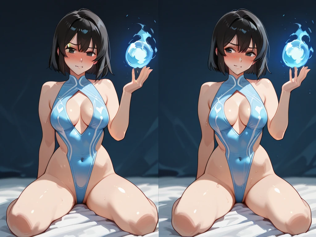 From below、Dark green hair、Blue strapless slingshot swimsuit(nsfw)、Open your mouth、A big smile、vapor、Wet、Sweat、The shape of the tip of the chest is clearly visible.、Erect nipples(nsfw)、The areola is visible、Exposing the nipples(nsfw)、short hair、amount、Elf、Super big breasts、Dark blue lipstick、Purple Lipstick、Blue collar、Blue fingerless gloves、Blue Pearl Earrings、Seductive pose、Spread your legs、bed、Lying down