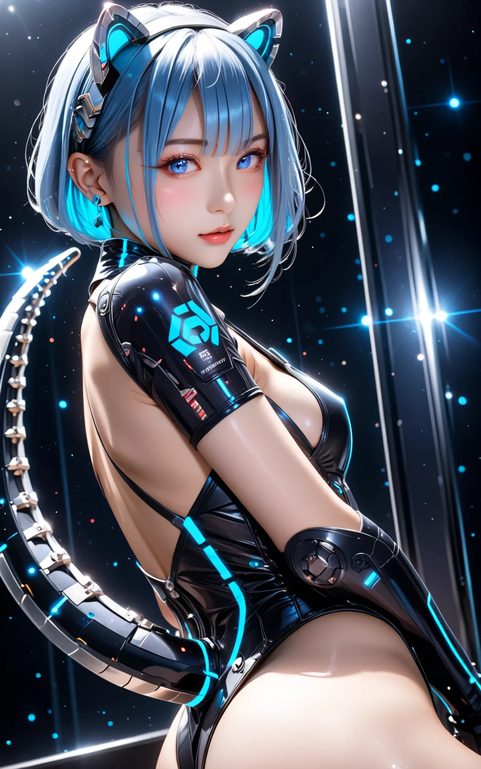 ((realisitic))、(masutepiece, Best Quality:1.5), Fractal Art, Silver Shorthair, Blue eyes, Spotlight, Sexy Pose、 Black leather costume、Beautiful girl doing pole dancing,