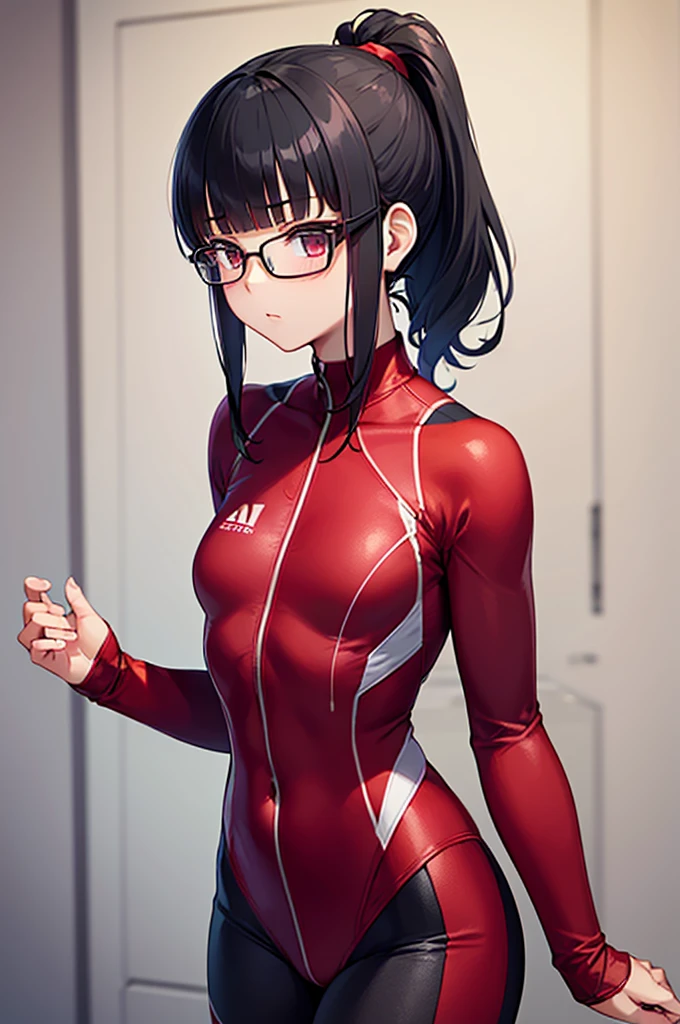 1girl,18yo,perfect hands, perfect finger,perfect anatomy, masterpiece, best quality,realistic, hyperrealistic, 16k hdr,, aamii, short hair, black hair, blue eyes, glasses, (see through nike pink bodysuit:1.2),outdoor,standing,(sweat:1.3),(happy smile),large breasts,upper body,