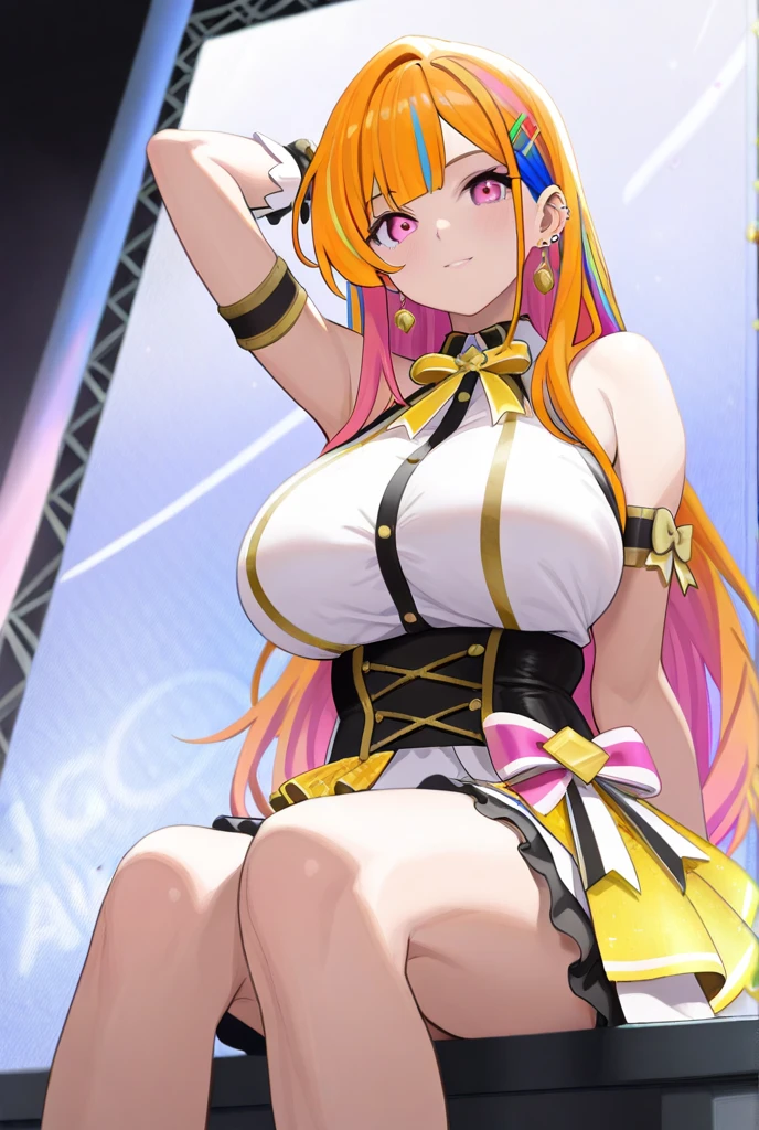 16 yo girl, hime cut, long hair, light pink hair, K cup breast, thicc thigh, perfect hourglass body, golden pasties on tits and pussy, pussy hair, golden heels, squatting, spreading legs, casino scene, clear view, charming smile