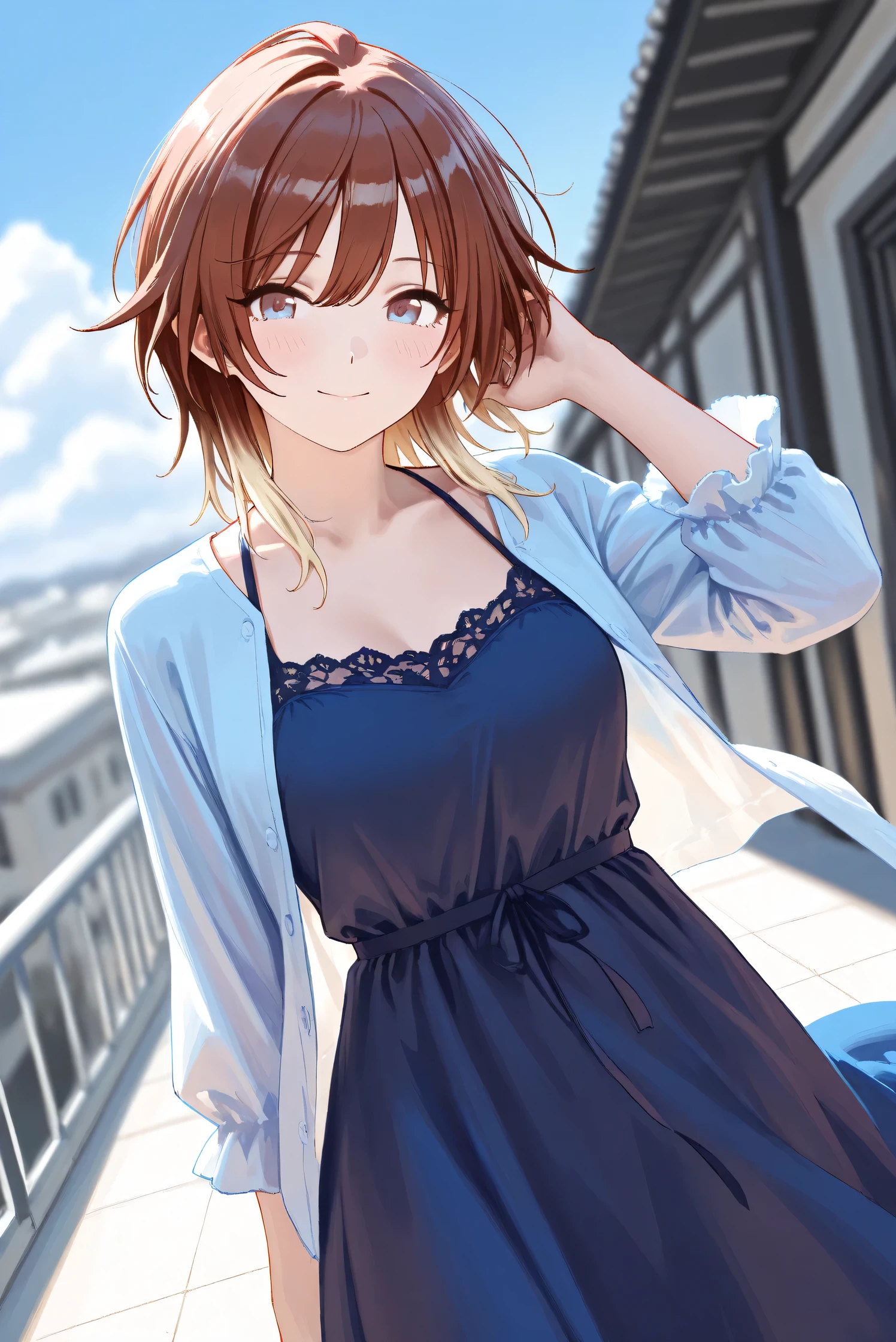 (Masterpiece), (Highest quality), (Very detailed),
(The best shape), (Best Shadow), (Absurd),
(Detailed background), (So beautiful), Shiny ,
Extraordinary, Countershading, 8k, 32K, High resolution, Beautiful eyes in every detail,
Very Detailed CG, UHD,
Score_9, Score_8_up, Score_7_up, Source_anime,
(Pastel painting:1.2), (Watercolor painting:1.2),
(Masterpiece, Detailed:1.2), (Foreshortening:1.2),
Cinematic, Dramatic, (Depth of field:1.4),
(Blurry background:1.4), (Realistic background:1.4),
(Foreshortening:1.3),Dynamic angle, 1 girl,
Outdoor, rooftop, blue sky, cloud, wind,
aketa mikoto,
The idolmaster shiny colors,
m_aketa,
brown hair, medium hair, blonde hair, multicolored hair,
brown eyes, blue eyes, multicolored eyes,
(Casual wear:1.3),
(indigo dress:1.1), casual dress, long dress,
shirt, open shirt, long sleeves shirt,
portrait, Focus on face, close up shot,
(Blush:1.3), smile,
putting hair in ears
Realistic skin, Shiny skin,
