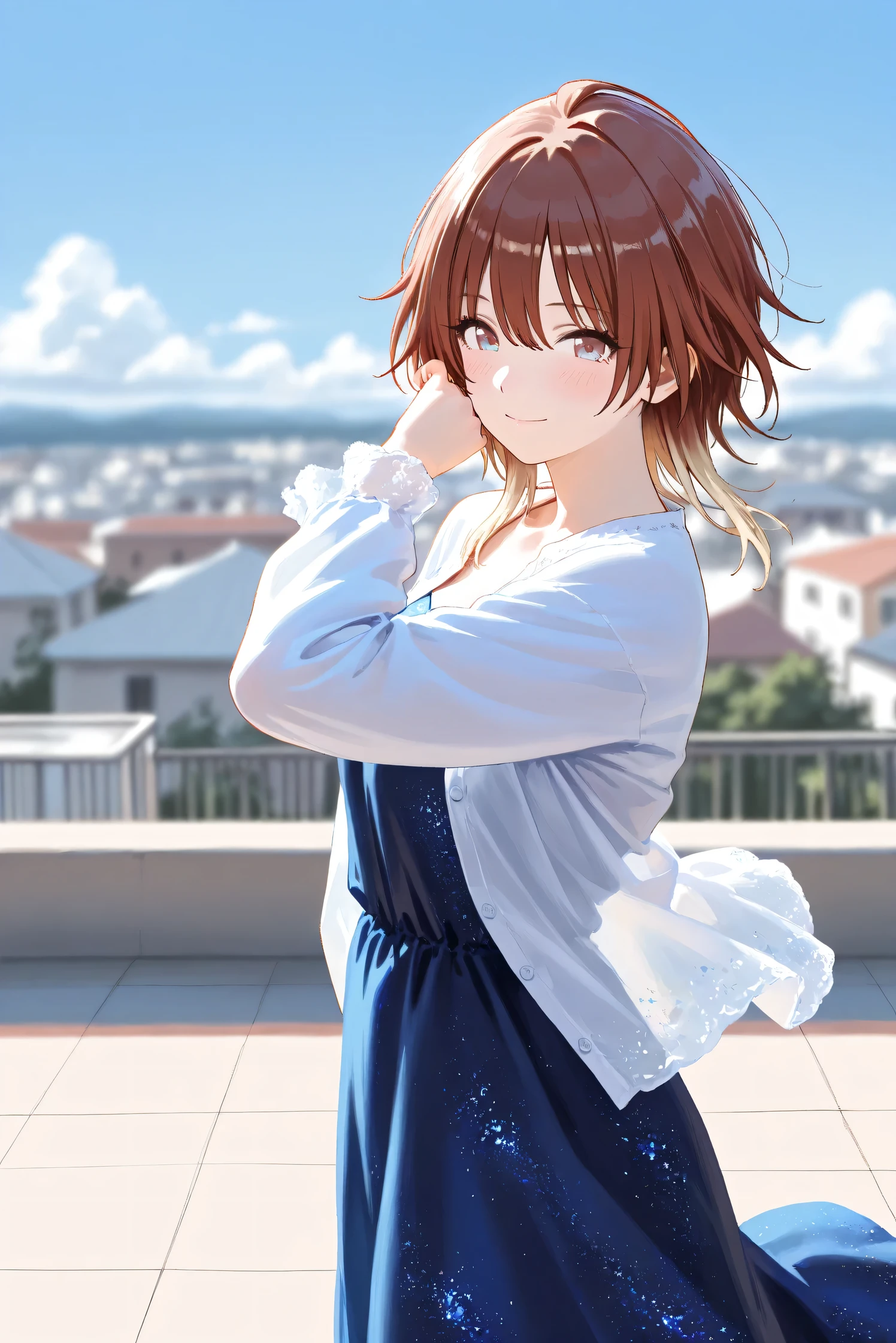 (Masterpiece), (Highest quality), (Very detailed),
(The best shape), (Best Shadow), (Absurd),
(Detailed background), (So beautiful), Shiny ,
Extraordinary, Countershading, 8k, 32K, High resolution, Beautiful eyes in every detail,
Very Detailed CG, UHD,
Score_9, Score_8_up, Score_7_up, Source_anime,
(Pastel painting:1.2), (Watercolor painting:1.2),
(Masterpiece, Detailed:1.2), (Foreshortening:1.2),
Cinematic, Dramatic, (Depth of field:1.4),
(Blurry background:1.4), (Realistic background:1.4),
(Foreshortening:1.3),Dynamic angle, 1 girl,
Outdoor, rooftop, blue sky, cloud, wind,
aketa mikoto,
The idolmaster shiny colors,
m_aketa,
brown hair, medium hair, blonde hair, multicolored hair,
brown eyes, blue eyes, multicolored eyes,
(Casual wear:1.3),
(indigo dress:1.1), casual dress, long dress,
shirt, open shirt, long sleeves shirt,
portrait, Focus on face, close up shot,
(Blush:1.3), smile,
putting hair in ears
Realistic skin, Shiny skin,