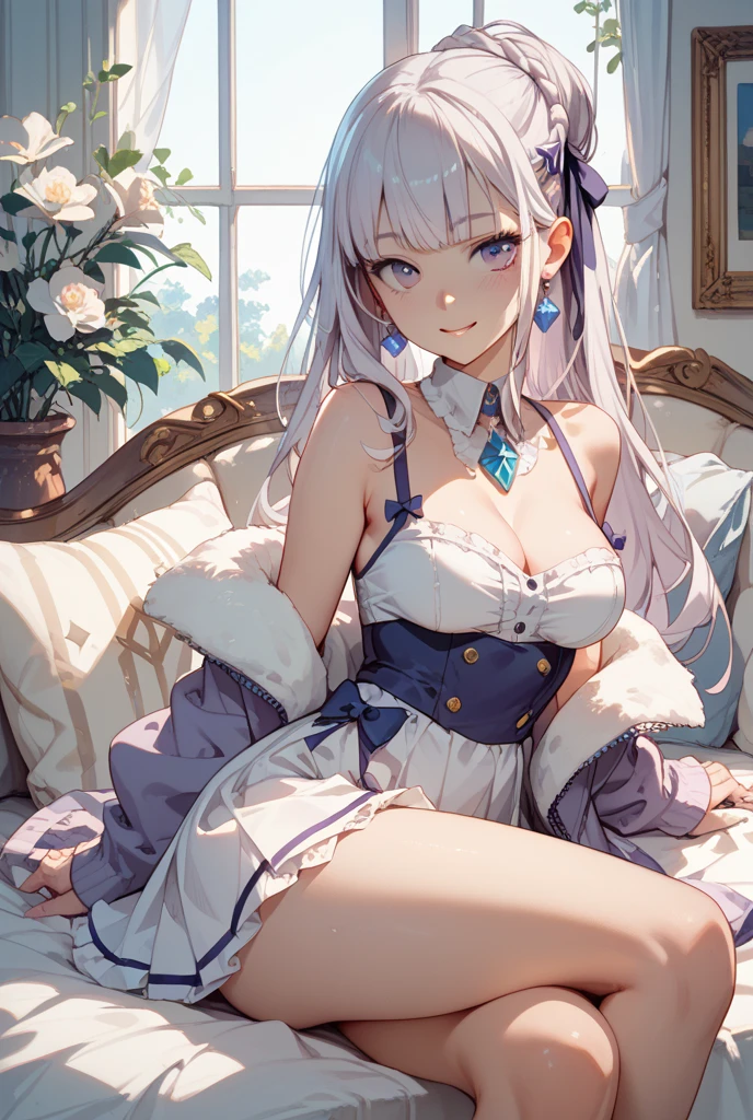 ((masterpiece)), (best quality), (highly detailed), (ultra quality), (8k wallpaper), (nice hands), (perfect hands), ((perfect anatomy)), shiny skin, Depth of field, pastel colors, kawaii, cute colors, beautiful small face, (clear face), (ultra-detailed), extremely, delicate and beautiful skin, detailed shiny hair BREAK 1girl, elf girl, pink cheek, purple hair, (very long hair), (one side up:1.2), purple eyes, (large breasts, cleavage:1.1), princess tiara, wearing Princess Dress, zettairyouiki, knee high tights with white garter belt, miniskirt BREAK arms down, at royal garden background, tea time, tea party, round table, teacup, chair, light smile, open mouth, light leaks, light particles, rim light, cowboy shot, mioha, more_details:0.5