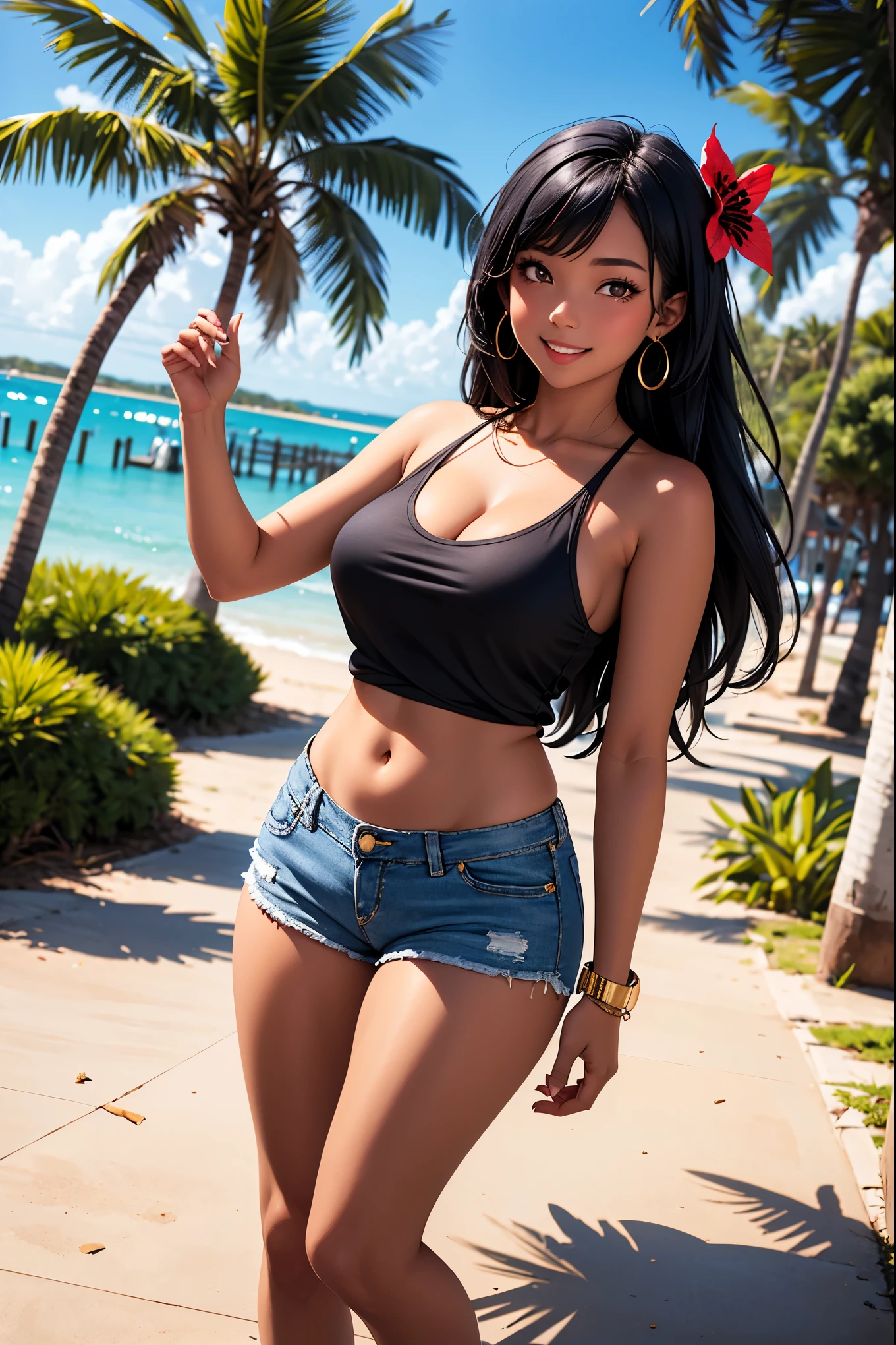 [Seaside Girl], (Summer Palm Beach :1.5), Nanyang female idol wearing a black tank top and denim micro shorts, hibiscus hair ornament, Shorten your head, hazel eyes, chunky lips, round face, black straight hair, dark skin, Dark skin that shines with oil, gold earrings, full body shot with mahiru, low angle, cowboy shot, smile, ebony,  navel on my hips, full body shot with mahiru