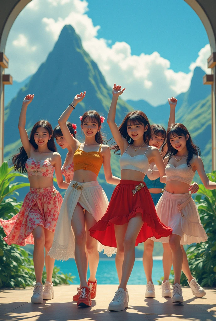「Three Korean beauties perform synchronized dance、Surreal and dreamlike environments。The scene captures their choreography with bird's-eye views and wide shots.、It's harmonious and smooth。The lighting is blue and purple、It enhances the dreamlike atmosphere of this scene.。」