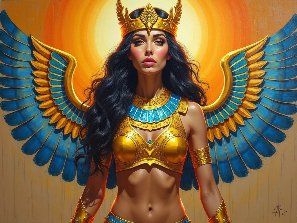 beautiful goddess isis, egyptian goddess, alphonse mucha style, detailed crown, queenie gesture, ornate headdress, flowing robes, golden skin, piercing eyes, intricate details, ethereal lighting, dreamlike atmosphere, vibrant colors, dramatic pose, masterpiece, 8k, ultra-detailed, photorealistic, cinematic, glowing aura