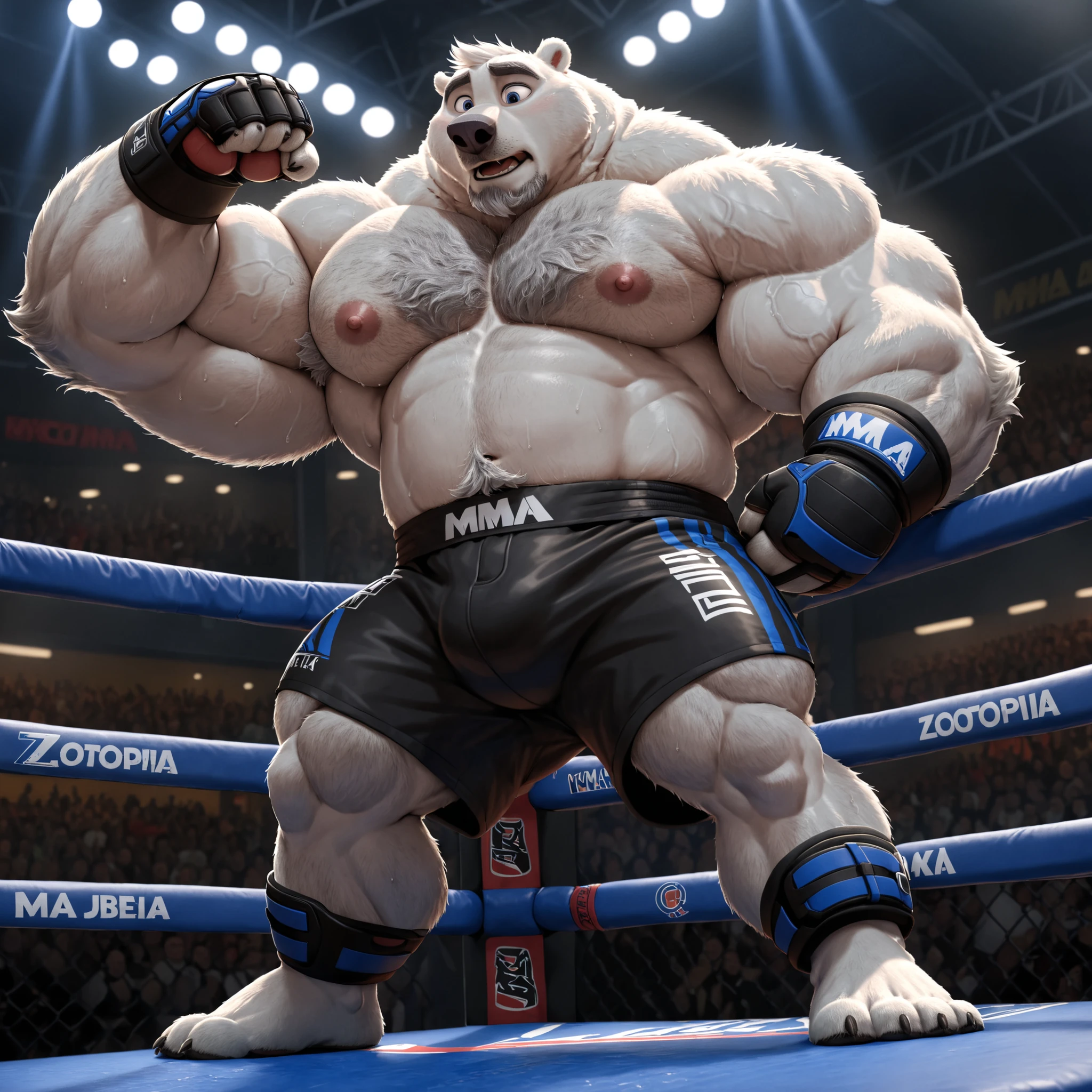 huge muscular polar bear in fighting arena, big bulk jabs, grunting noise, polar bear, huge white fur, thick arm, huge arm, added gray mustache, added gray beard, Short white hair, weight: 424lbs, (veiny muscular, veiny pectoral, wide pectoral, broad pecs, thick neck, thick arms), fighting ring, lights, Zootopia, 8k, masterpiece, gray eyebrows added, added eyes with blue pupils, (shirtless, wearing MMA black shorts with blue stripes, MMA gives with knuckle pads, and ankle support foot brace), punch jabs