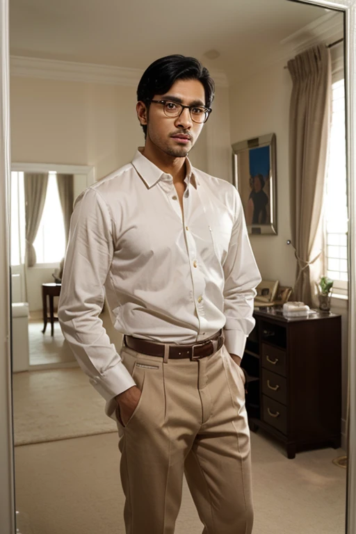 Prompt: 21 year old indian boy With fair skin Wearing spectacles and narrow body Posing for a linkedin picture in formats and red light background 
