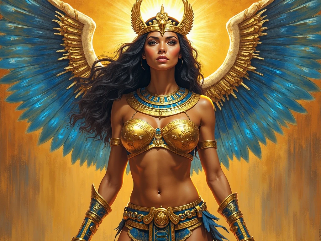 Create an image depicting the "Planet of Archetypes". On this cosmic planet, visualize an eagle soaring across a vast sky, symbolizing strength, vision, and freedom. Integrate Cleopatra's essence subtly into the landscape, embodying wisdom, leadership, and grace. The planet itself should exude a mystical aura, adorned with archetypal symbols like ancient glyphs, celestial patterns, and planetary rings. Ensure the image does not include any visible text or words, focusing solely on visual elements and