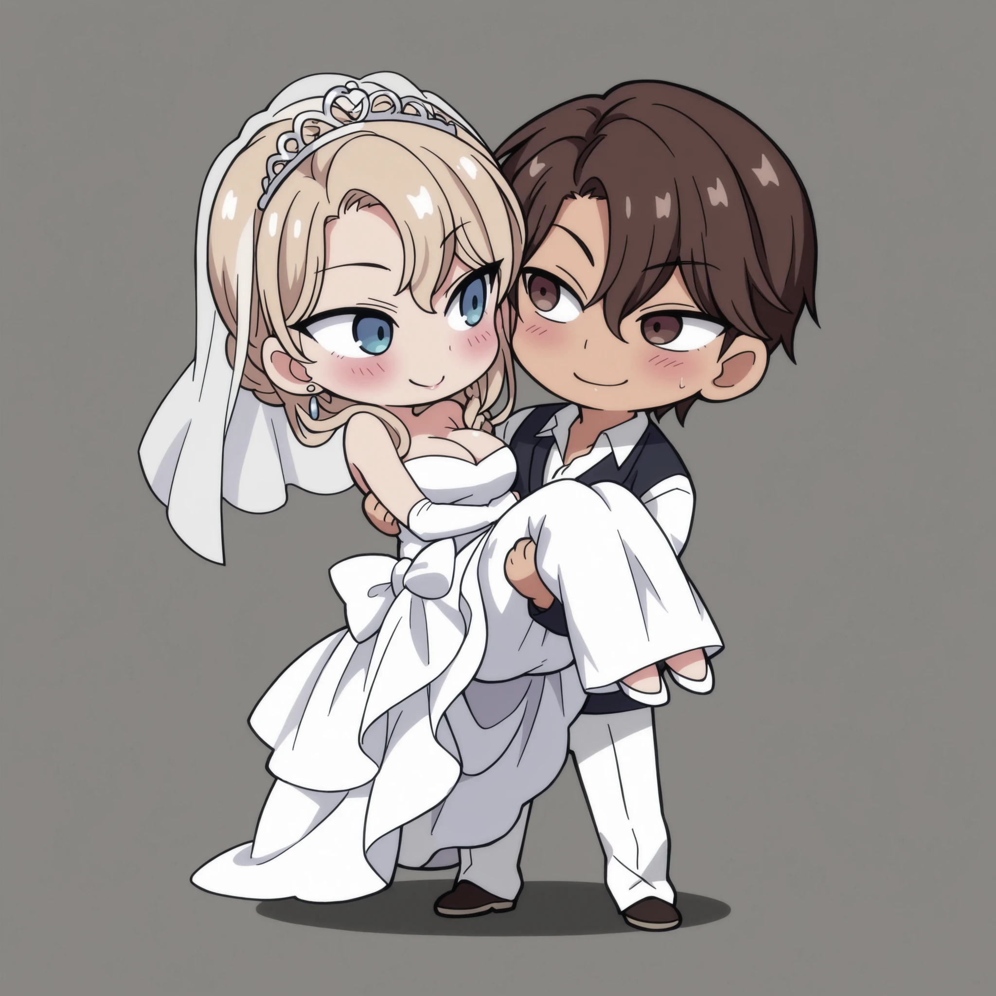 1 boy and 1 girl, 1 boy, straight, brown eyes, couple, dark haired boy, , wavy brown hair, 1 girl,Kurashiki Reika, A girl, solo, blonde hair, short hair, braided hair, blue eyes, hairl clip, cute, princess carry, happy, blushing, high quality, masterpiece, Very detailed, high quality, high resolution, beautiful, beautiful and perfect face, Lustful smile, View your audience, wedding dress , Big Breasts, Chibi style, blush, Chibi character, Chibi, standing, full body