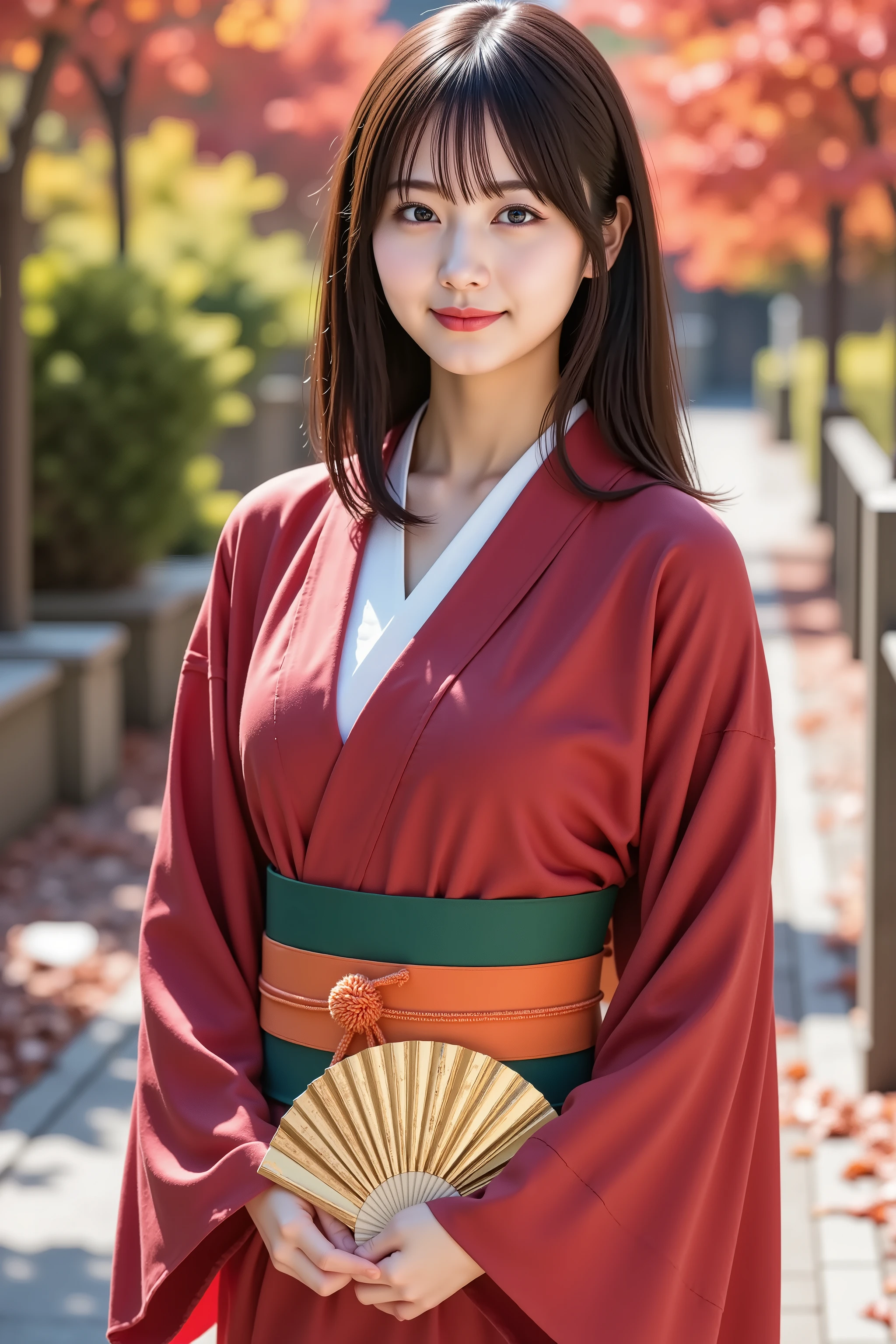 firm breast, by adjusting the framing so the subject's full head is visible within the composition, a highly detailed and realistic digital illustration of a female character in a stylized military-inspired fantasy outfit, A realistic photograph of a young woman shown from just below the shoulders, ensuring her full head is completely within frame. She is wearing a traditional Japanese kimono in deep red with a white inner collar and wide sleeves, featuring visible stitching and authentic fabric texture that reflect realistic folds and subtle shadows. A green obi with decorative knotting and orange cords wraps her waist, cinching the kimono in place with appropriate creasing and layered structure. She is holding a gold folding fan with both hands positioned at chest level, the fan reflecting light naturally. The setting is an outdoor pathway lined with greenery and a traditional wooden handrail on one side. The ground is paved with stone and scattered with fallen red maple leaves. Background trees display vivid autumn foliage in shades of red, orange, and yellow, under soft sunlight that filters through the branches, casting gentle shadows and creating a calm seasonal ambiance. The scene should capture natural environmental lighting and soft contrasts, highlighting the textures of the kimono and the surrounding nature. The camera angle is straight-on, with moderate depth of field to maintain sharp focus on the subject while keeping the background recognizable. No anime or stylized elements; all features, materials, and surroundings should be photorealistic. Ensure the background is clearly visible with identifiable natural details like leaves, shadows, and textures in the environment, while the framing keeps her fully within the image, centered and portrayed in a balanced, realistic composition.