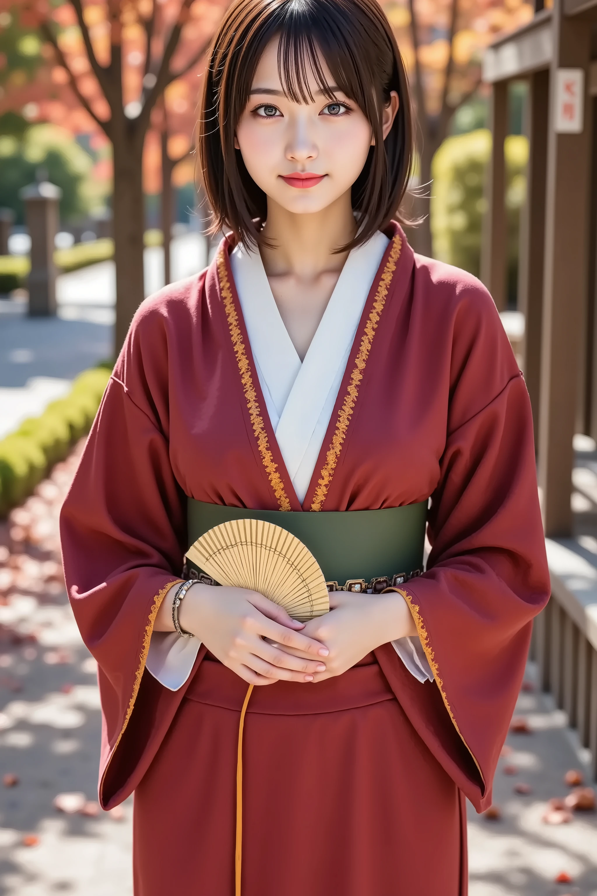 firm breast, by adjusting the framing so the subject's full head is visible within the composition, a highly detailed and realistic digital illustration of a female character in a stylized military-inspired fantasy outfit, A realistic photograph of a young woman shown from just below the shoulders, ensuring her full head is completely within frame. She is wearing a traditional Japanese kimono in deep red with a white inner collar and wide sleeves, featuring visible stitching and authentic fabric texture that reflect realistic folds and subtle shadows. A green obi with decorative knotting and orange cords wraps her waist, cinching the kimono in place with appropriate creasing and layered structure. She is holding a gold folding fan with both hands positioned at chest level, the fan reflecting light naturally. The setting is an outdoor pathway lined with greenery and a traditional wooden handrail on one side. The ground is paved with stone and scattered with fallen red maple leaves. Background trees display vivid autumn foliage in shades of red, orange, and yellow, under soft sunlight that filters through the branches, casting gentle shadows and creating a calm seasonal ambiance. The scene should capture natural environmental lighting and soft contrasts, highlighting the textures of the kimono and the surrounding nature. The camera angle is straight-on, with moderate depth of field to maintain sharp focus on the subject while keeping the background recognizable. No anime or stylized elements; all features, materials, and surroundings should be photorealistic. Ensure the background is clearly visible with identifiable natural details like leaves, shadows, and textures in the environment, while the framing keeps her fully within the image, centered and portrayed in a balanced, realistic composition.