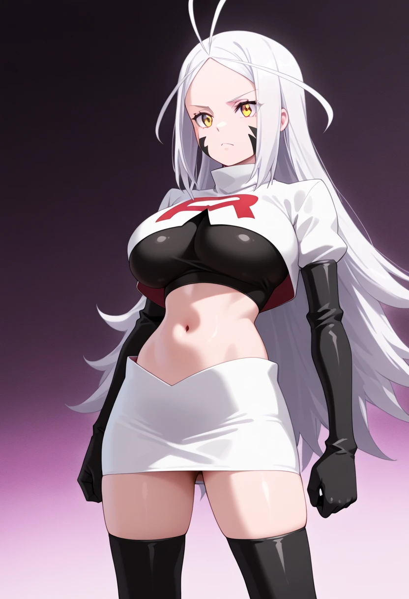 阿莱克西亚·米德嘉尔,1girl,solo,long hair,white hair,sidelocks,very long hair,bangs,twintails,hair ornament,red eyes,black bow,hair bow,parted bangs,two side up,
large breasts, Exquisite visuals, high-definition,masterpiece,best quality,expressive eyes,
looking at viewer,
highres, absurdres,team rocket,team rocket uniform,white skirt,red letter R,crop top,black thigh-highs,black elbow gloves
