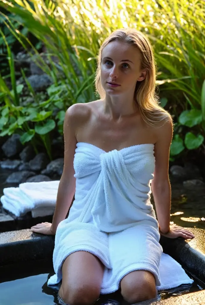 Blonde influencer with hair up in a neat bun, allongée sur une chaise longue en bois sombre avec des coussins moelleux dans un spa luxueux. Elle porte un peignoir en coton blanc, well closed and belted at the waist, et des chaussons assortis. Fresh cucumber slices cover his closed eyes, son visage détendu avec un léger sourire. Next to her, une table basse en bois naturel sur laquelle sont posées des serviettes blanches roulées, essential oils in amber glass bottles, and a ceramic bowl filled with flower petals. The ambiance of the room is serene, avec des bougies blanches allumées dispersées sur des étagères en arrière-plan, creating a subdued and soothing light. Des plantes vertes en pot et des éléments de décoration en bambou complètent l’atmosphère zen et relaxante du spa. Le sol est recouvert de carrelage beige, et de la musique douce joue en fond sonore, ajoutant à l’ambiance de détente.
