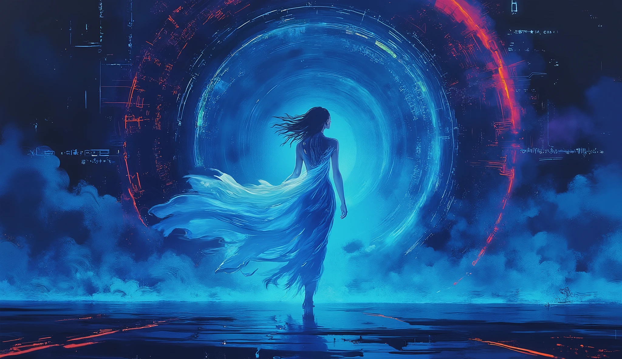 A futuristic woman walking through glowing computer circuits, her flowing illuminated dress casting soft light in a dark digital space. The scene is painted in deep shades of Lapis Lazuli, Oxford Blue, and Turquoise, with swirling data, equations, and commands floating in the air like ethereal scripts, blending into the background of a digital landscape