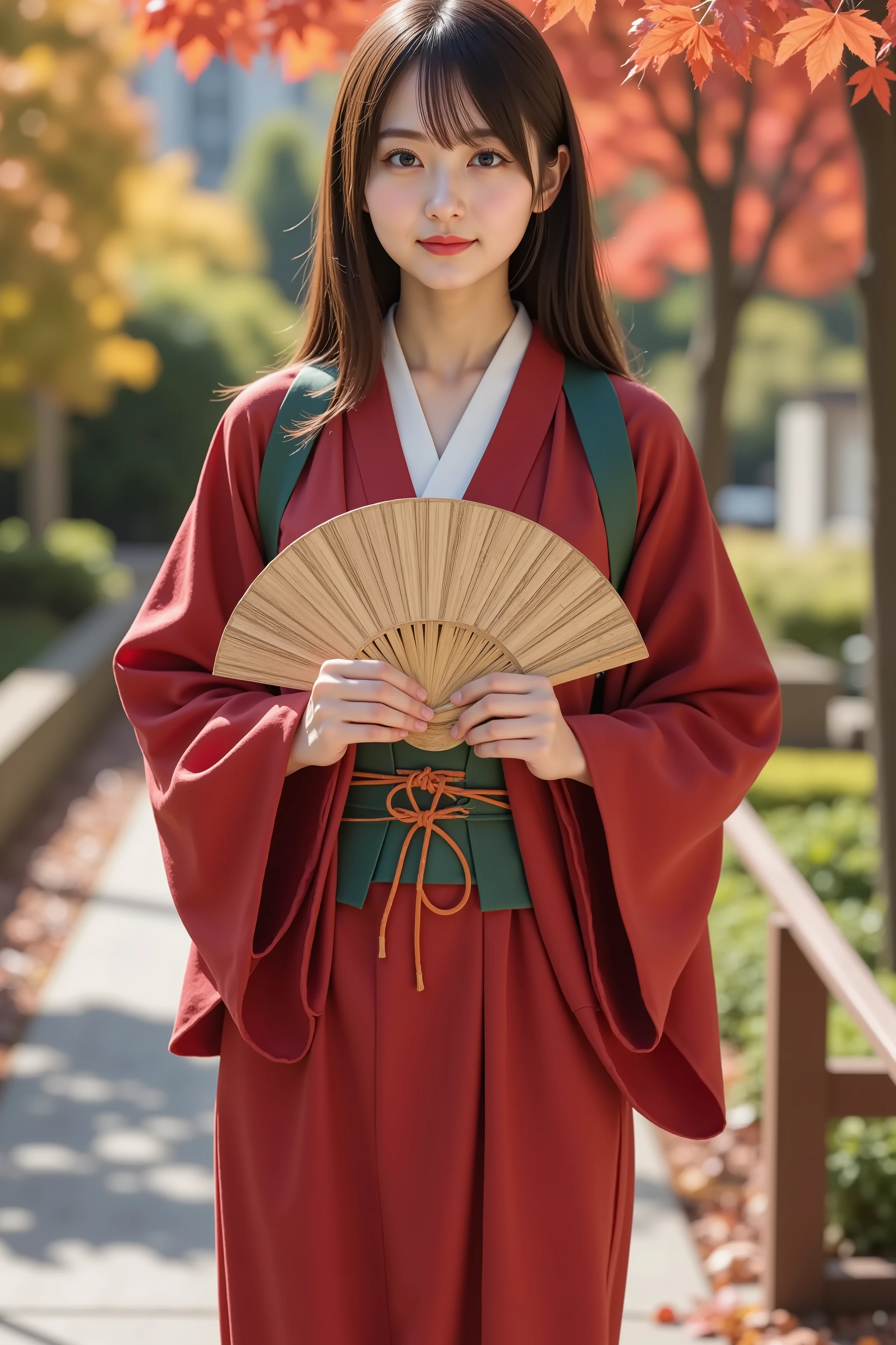 firm breast, by adjusting the framing so the subject's full head is visible within the composition, a highly detailed and realistic digital illustration of a female character in a stylized military-inspired fantasy outfit, A realistic photograph of a young woman shown from just below the shoulders, ensuring her full head is completely within frame. She is wearing a traditional Japanese kimono in deep red with a white inner collar and wide sleeves, featuring visible stitching and authentic fabric texture that reflect realistic folds and subtle shadows. A green obi with decorative knotting and orange cords wraps her waist, cinching the kimono in place with appropriate creasing and layered structure. She is holding a gold folding fan with both hands positioned at chest level, the fan reflecting light naturally. The setting is an outdoor pathway lined with greenery and a traditional wooden handrail on one side. The ground is paved with stone and scattered with fallen red maple leaves. Background trees display vivid autumn foliage in shades of red, orange, and yellow, under soft sunlight that filters through the branches, casting gentle shadows and creating a calm seasonal ambiance. The scene should capture natural environmental lighting and soft contrasts, highlighting the textures of the kimono and the surrounding nature. The camera angle is straight-on, with moderate depth of field to maintain sharp focus on the subject while keeping the background recognizable. No anime or stylized elements; all features, materials, and surroundings should be photorealistic. Ensure the background is clearly visible with identifiable natural details like leaves, shadows, and textures in the environment, while the framing keeps her fully within the image, centered and portrayed in a balanced, realistic composition.