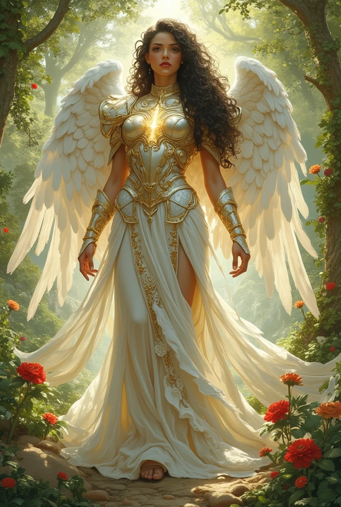 uma mulher em um vestido branco com asas e uma coroa de flores, anjo feminino bonito, Anjo majestoso de corpo inteiro, deusa bonita, anjo bonito, de anjo lindo, Um retrato impressionante de uma deusa, tall female angel, Retrato de um anjo bonito, deusa. Detalhes extremamente altos, Retrato de uma bela deusa, pele escura deusa feminina do amor, Deusa Celestial