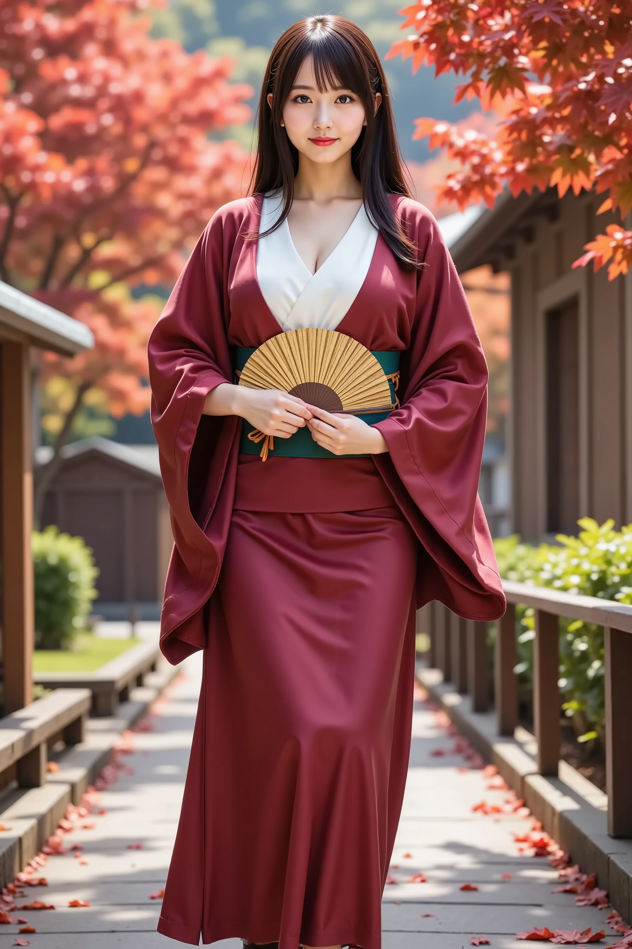 firm breast, by adjusting the framing so the subject's full head is visible within the composition, a highly detailed and realistic digital illustration of a female character in a stylized military-inspired fantasy outfit, A realistic photograph of a young woman shown from just below the shoulders, ensuring her full head is completely within frame. She is wearing a traditional Japanese kimono in deep red with a white inner collar and wide sleeves, featuring visible stitching and authentic fabric texture that reflect realistic folds and subtle shadows. A green obi with decorative knotting and orange cords wraps her waist, cinching the kimono in place with appropriate creasing and layered structure. She is holding a gold folding fan with both hands positioned at chest level, the fan reflecting light naturally. The setting is an outdoor pathway lined with greenery and a traditional wooden handrail on one side. The ground is paved with stone and scattered with fallen red maple leaves. Background trees display vivid autumn foliage in shades of red, orange, and yellow, under soft sunlight that filters through the branches, casting gentle shadows and creating a calm seasonal ambiance. The scene should capture natural environmental lighting and soft contrasts, highlighting the textures of the kimono and the surrounding nature. The camera angle is straight-on, with moderate depth of field to maintain sharp focus on the subject while keeping the background recognizable. No anime or stylized elements; all features, materials, and surroundings should be photorealistic. Ensure the background is clearly visible with identifiable natural details like leaves, shadows, and textures in the environment, while the framing keeps her fully within the image, centered and portrayed in a balanced, realistic composition.