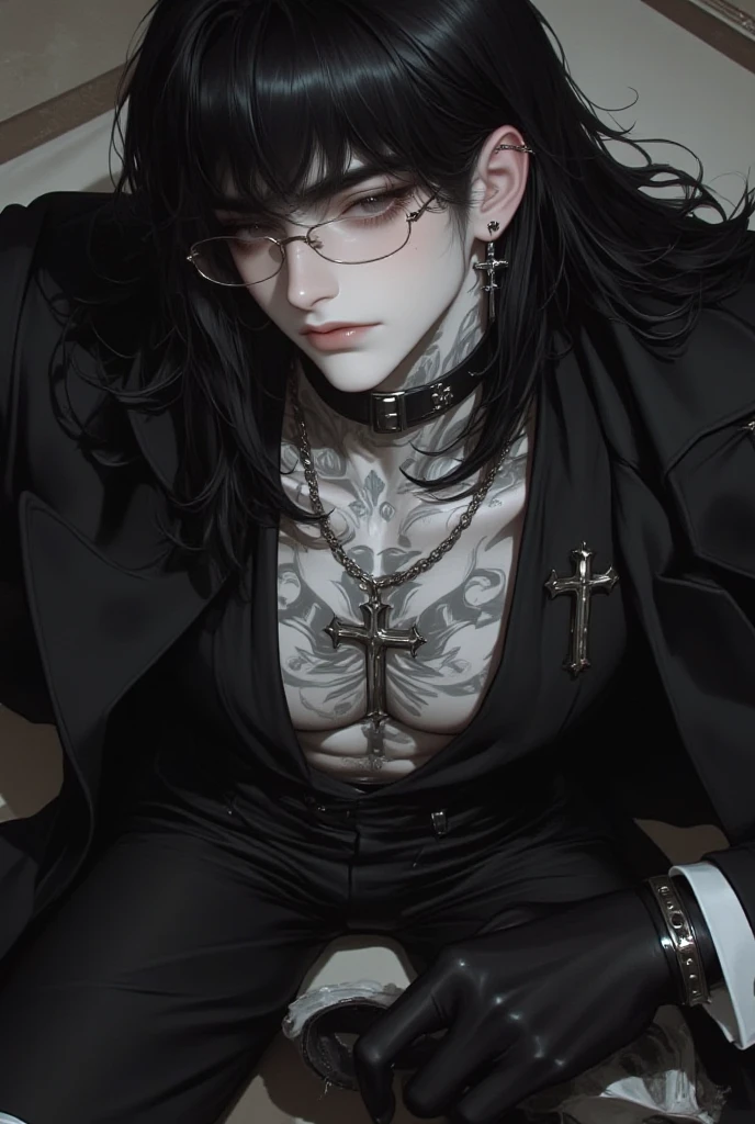 Homem alto, cabelo longo preto, magro, pale skinned, piercings no rosto, rato pequeno marrom no ombro, Background cemetery, franja repartida no meio, roupa preta, not smiling, sobretudo de couro, camisa preta estampada, crouched near a tombstone, black pant, corpse paint
