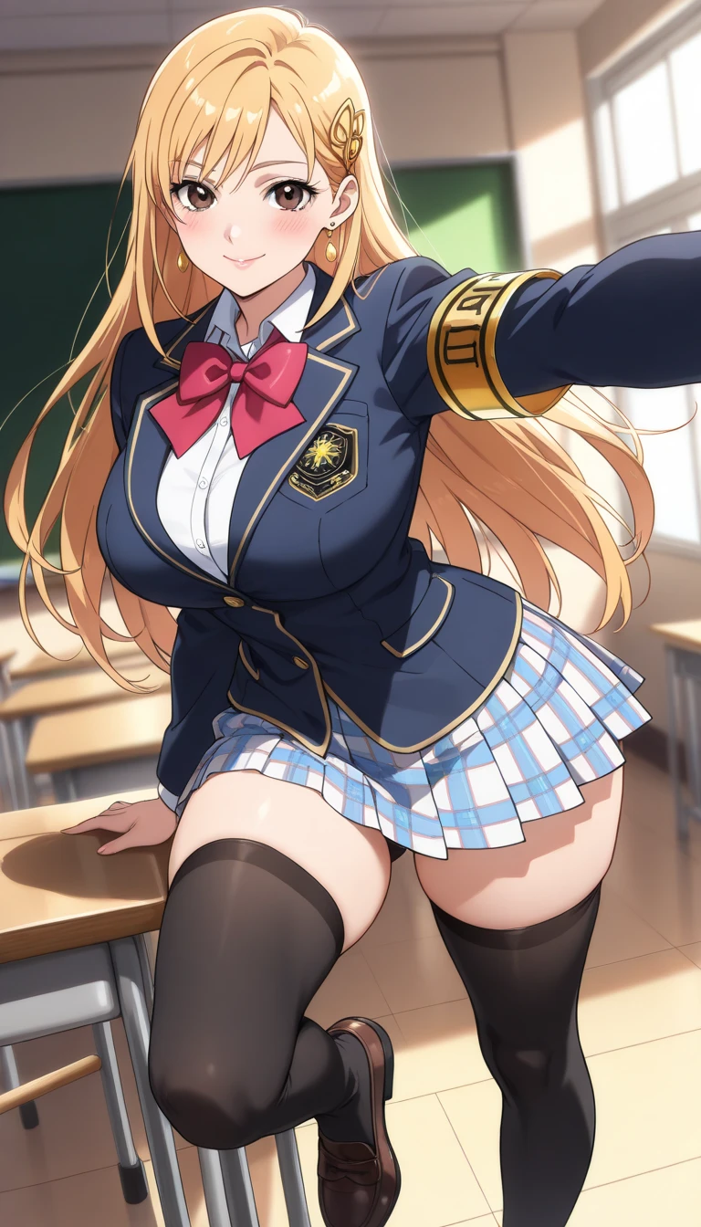 (((Stretch your legs and show your butt、Shooting from below))、(((Accentuate your butt、Shiny underwear)))、Highest quality, 8k, masterpiece :1.3)), whole body, Sharp focus :One Girl,Glowing Skin,Sexy pose,Highest quality,Tabletop,shape,Very delicate and beautiful,Hmph,8k壁紙,wonderful,In detail,Official Art,Very detailedなティッカーUnity 8k壁紙,Unbelievably ridiculous,Large file size,Very detailedな,High resolution,Very detailed,Beautiful detailed girl,Realistic,X-ray,The queue is full,(((Uniform Blazer、mini skirt)))、(((Big Breasts、Golden Hair)))、(((classroom、During class、School)))、Stand upright、Cleavage , ((長いGolden Hair))、Uniform Blazer、exy pose、Her hairstyle is twin tails.、both hands、Kitagawa Marin、Lace panties