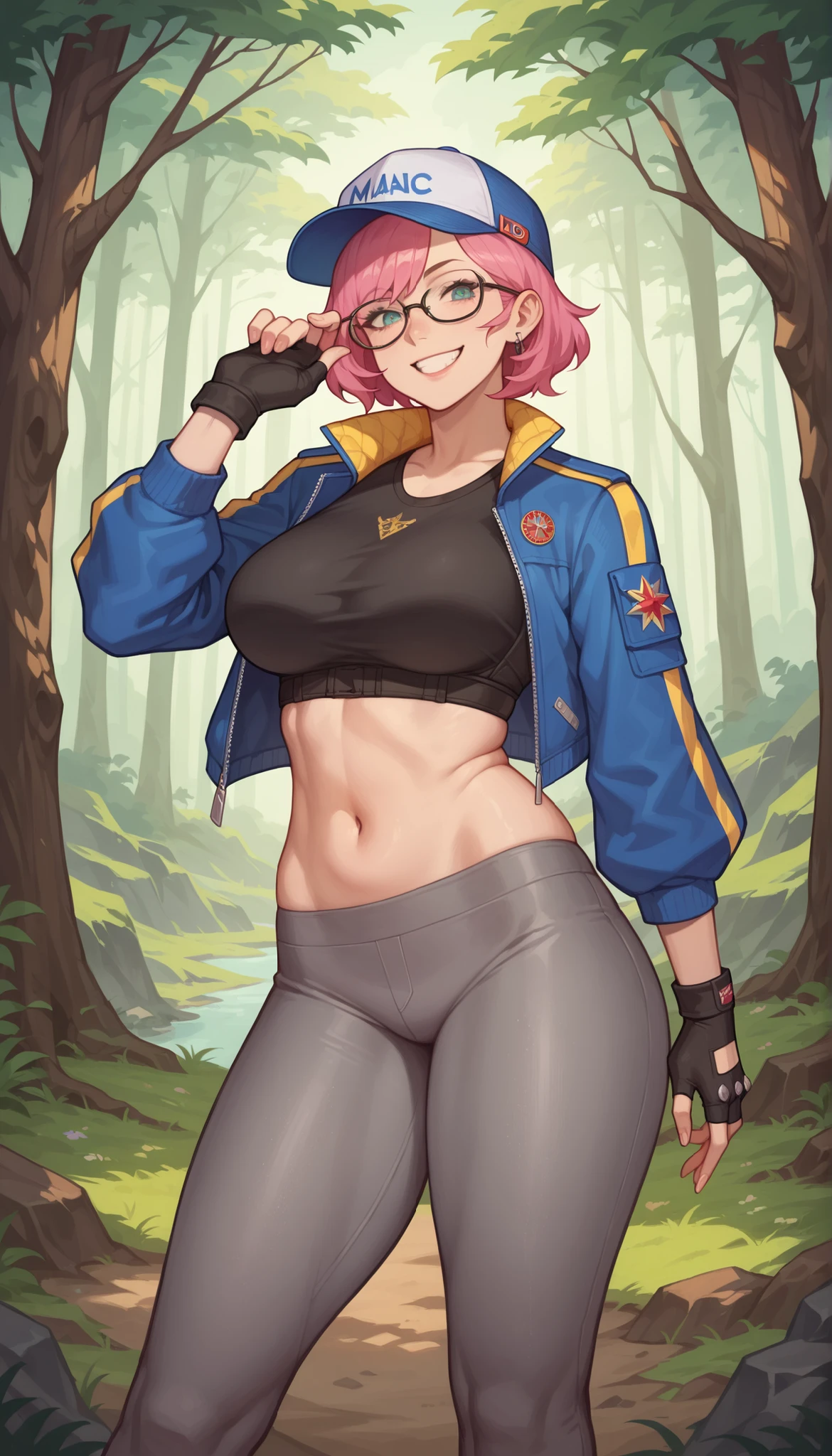1 girl, (masterpiece), (best quality), standing, (solo), looking at viewer, high detailed,extremely detailed, fine eyes, smile,dynamic pose, short pink hair,cap,crop top, jacket,fingerless glove,curvy,forest,glasses,(gray leggings),(portrait:1.2),
