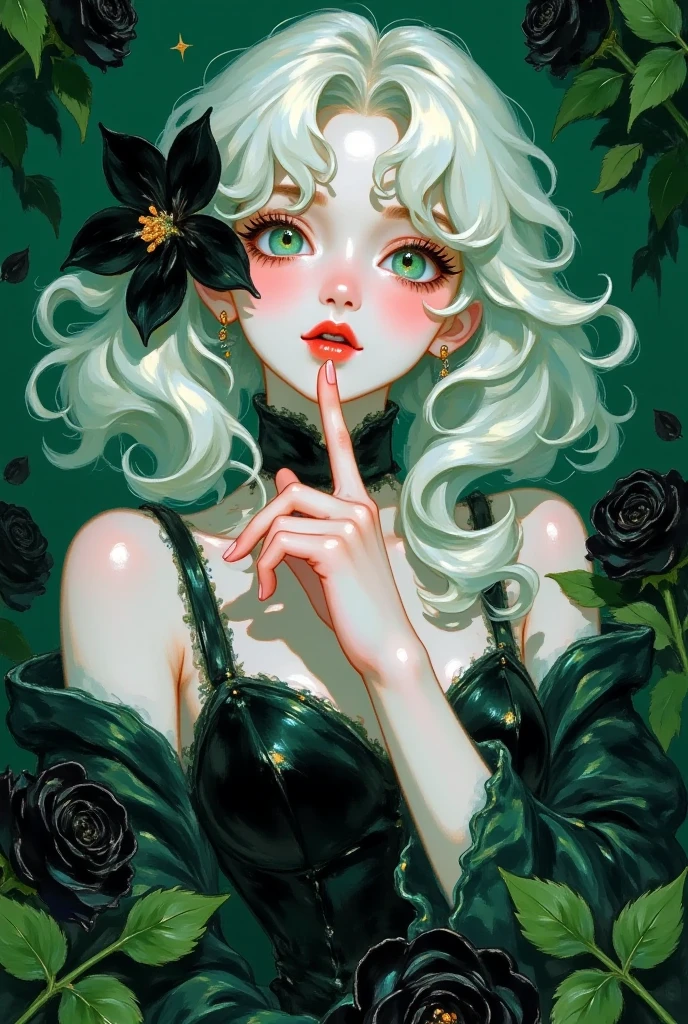 An Acrylic style painting that is expressive, gives it a dynamic and emotional quality. Anime art of a stylized portrait of a woman with a ethereal black and green mist surrounding her body. The mist creates a dramatic and surreal effect. A black flower, that is blooming, covering one eye, attached to the face. The woman has a cold aesthetic, complimented by her white hair. Anime art of woman draped in shadows with a lighting that enhances her unique features.
The background is dark green, filled with black rose petals.
Holding finger to lips, shush, shushing motion,