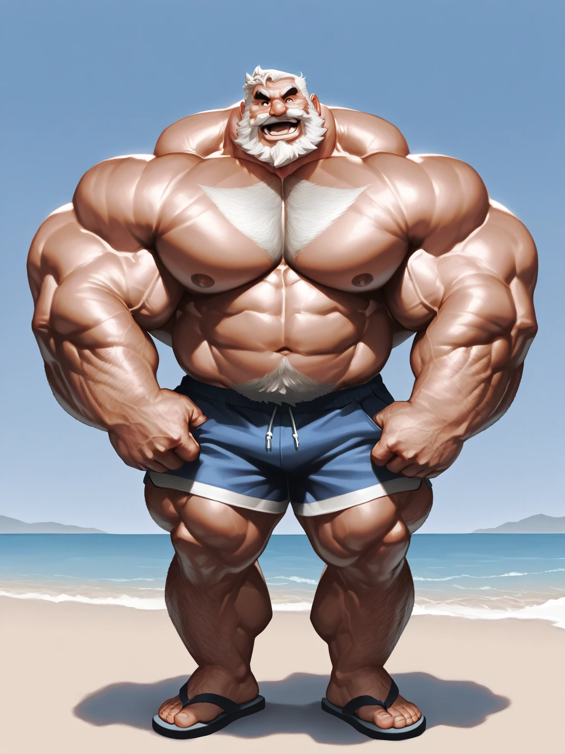 old man, muscle male, on a beach, sunny day, big wall of water behind him ,aquarium wall behind him with colorful fishes, wearing white sneakers, wearing blue short shorts, nice bulge, nicebulge, legs open, soft smile, graying hair, mustache,
