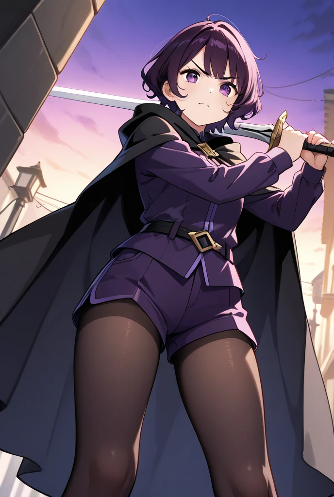 ((Highest quality)),((Very detailed)),((Holding a sword)), ((Town square at night,)), masterpiece, Detailed face,Beautiful Face, Angle from below, (Fighting), ((ice)),(White shirt,Black hot pants,Belt with skull,geta)One girl,((Dynamic pose)) , Rukia, Black Hair, short hair, Hair between the eyes, Purple eyes, Small breasts,cold