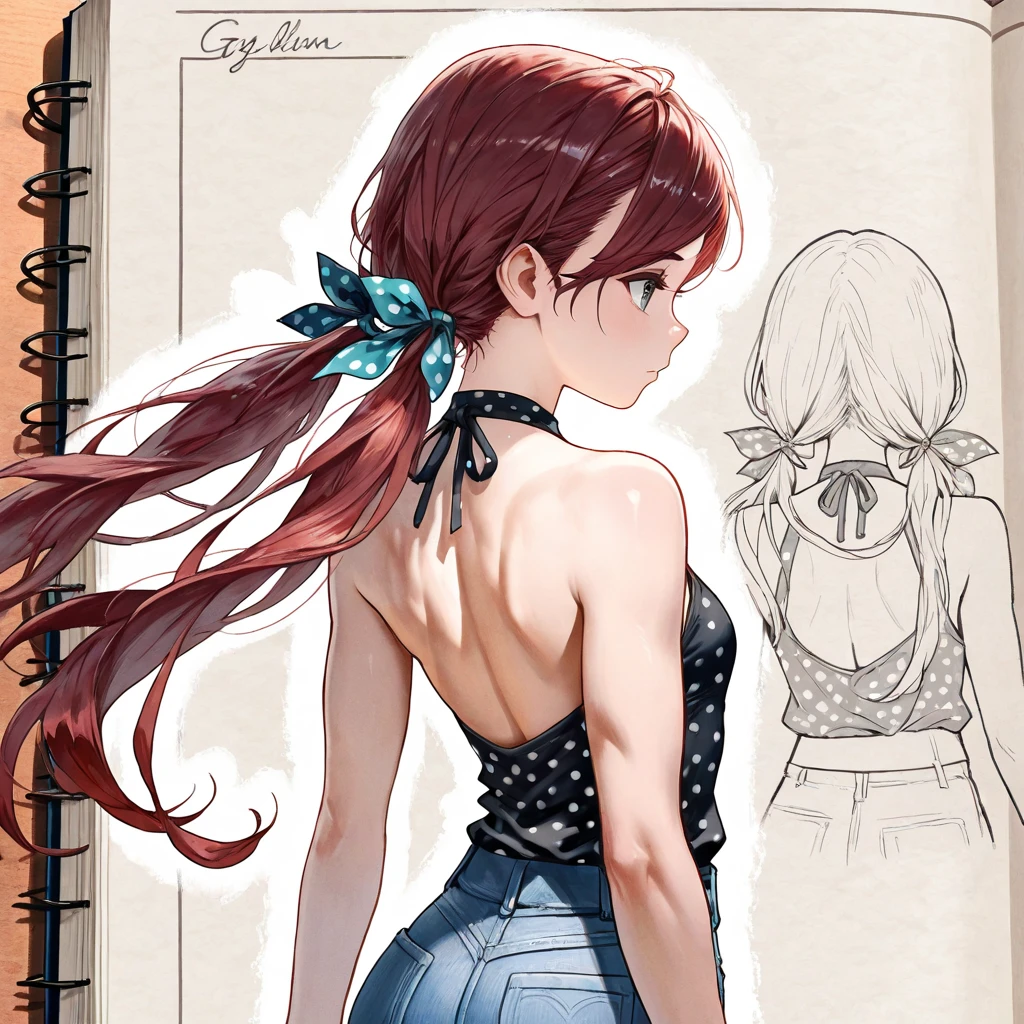 Uma mulher com cabelos muito longos vermelhos, falling to ass height. She is wearing a black blouse that highlights her large breasts.. Ela tem orelhas de raposa vermelha, com o interior das orelhas em rosa claro, e uma cauda de raposa vermelha com a ponta em rosa claro. His left arm is completely tattooed. She has fair white skin of a European appearance and a slim body..