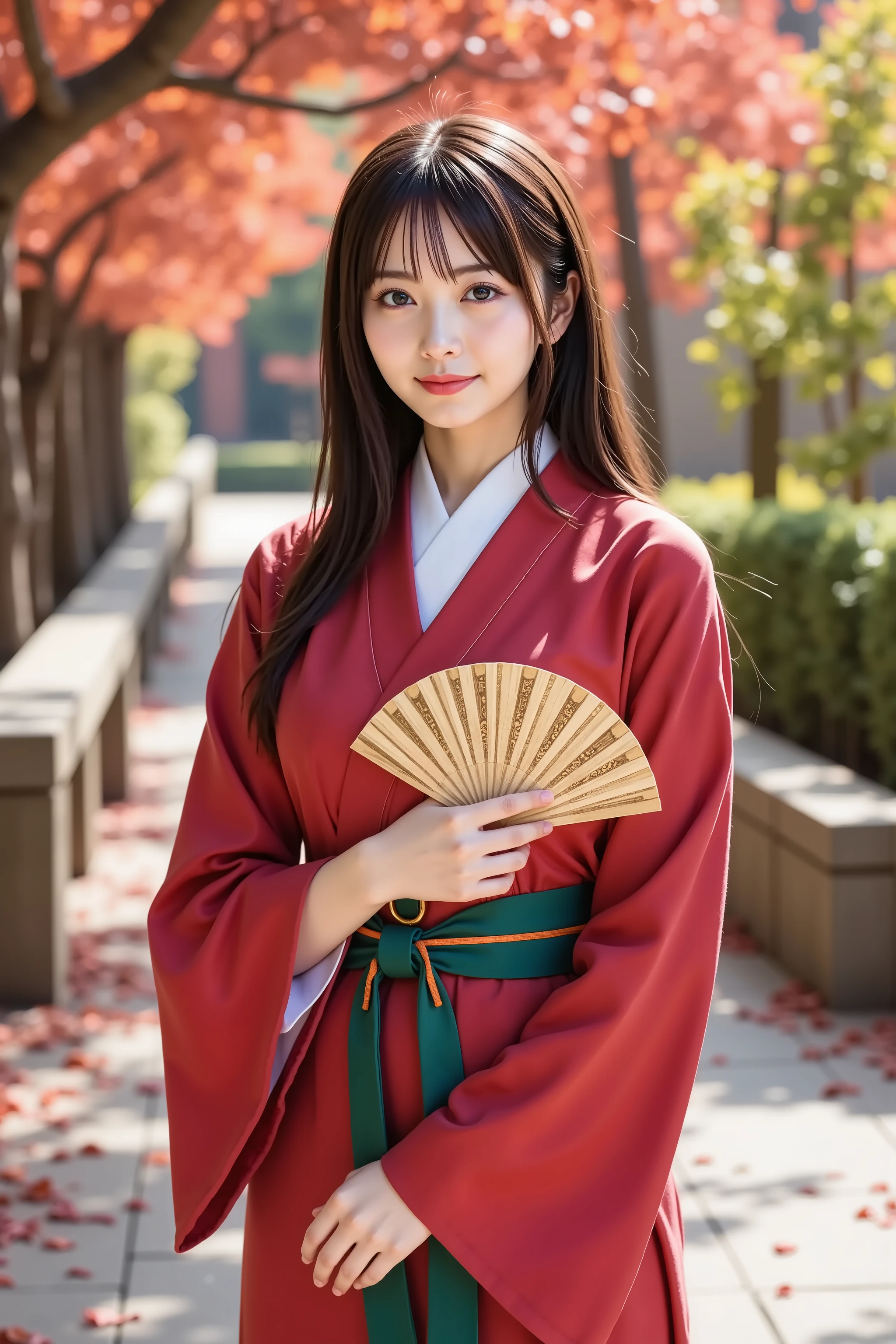firm breast, by adjusting the framing so the subject's full head is visible within the composition, a highly detailed and realistic digital illustration of a female character in a stylized military-inspired fantasy outfit, A realistic photograph of a young woman shown from just below the shoulders, ensuring her full head is completely within frame. She is wearing a traditional Japanese kimono in deep red with a white inner collar and wide sleeves, featuring visible stitching and authentic fabric texture that reflect realistic folds and subtle shadows. A green obi with decorative knotting and orange cords wraps her waist, cinching the kimono in place with appropriate creasing and layered structure. She is holding a gold folding fan with both hands positioned at chest level, the fan reflecting light naturally. The setting is an outdoor pathway lined with greenery and a traditional wooden handrail on one side. The ground is paved with stone and scattered with fallen red maple leaves. Background trees display vivid autumn foliage in shades of red, orange, and yellow, under soft sunlight that filters through the branches, casting gentle shadows and creating a calm seasonal ambiance. The scene should capture natural environmental lighting and soft contrasts, highlighting the textures of the kimono and the surrounding nature. The camera angle is straight-on, with moderate depth of field to maintain sharp focus on the subject while keeping the background recognizable. No anime or stylized elements; all features, materials, and surroundings should be photorealistic. Ensure the background is clearly visible with identifiable natural details like leaves, shadows, and textures in the environment, while the framing keeps her fully within the image, centered and portrayed in a balanced, realistic composition.