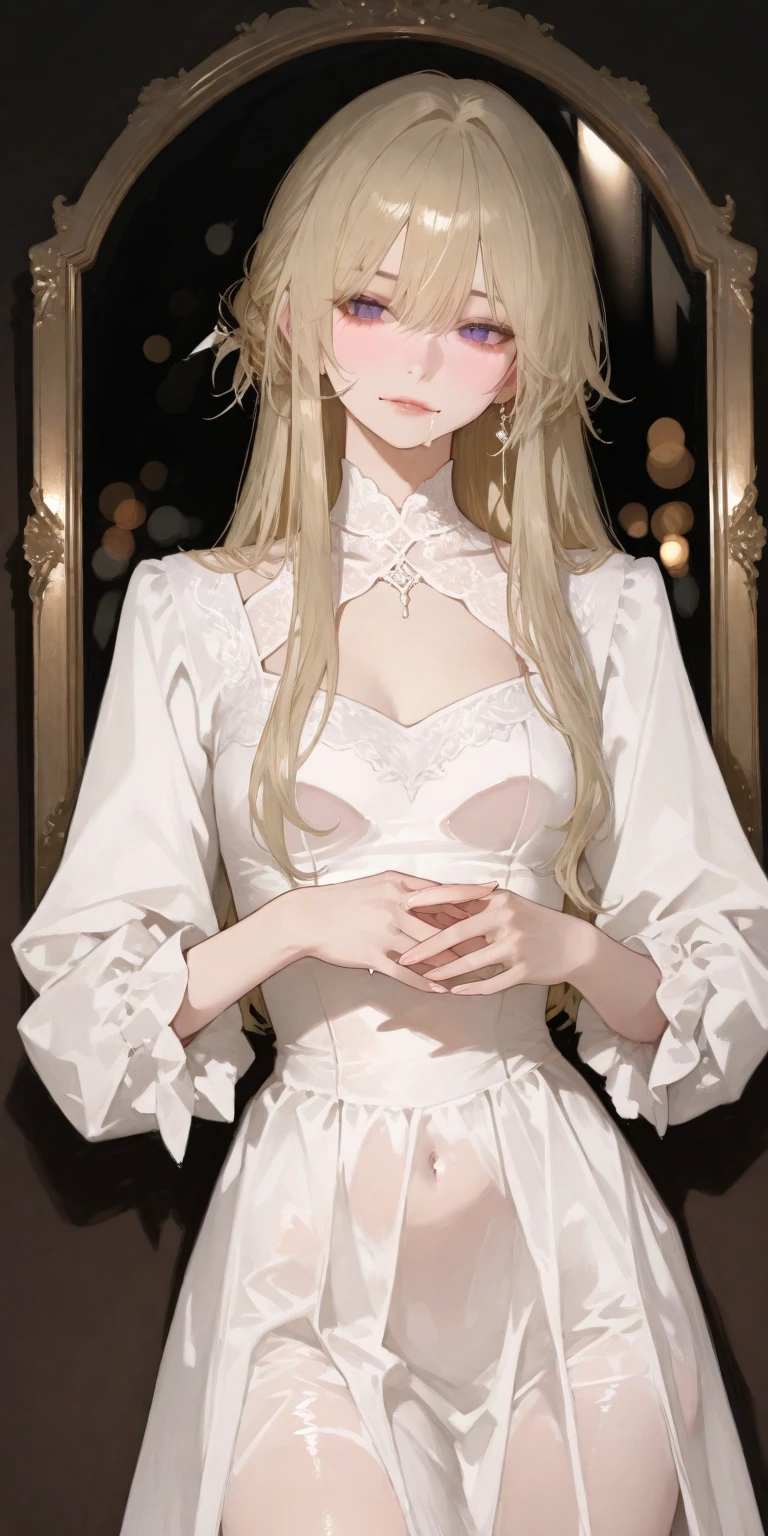 work of art, epic details, ultra detaild, high resolution, blonder woman, beautiful elf, hair tied into an elegant bun, angelic face with soft features, slim body, wearing panda kigurime pajamas, delicate and well-defined hands, expression of happiness, big friendly and simple smile, Scenario: a bright room, supper: taking a photo in front of the mirror, no mistakes, epic details no rosto, large, expressive eyes, modest and elegant behavior