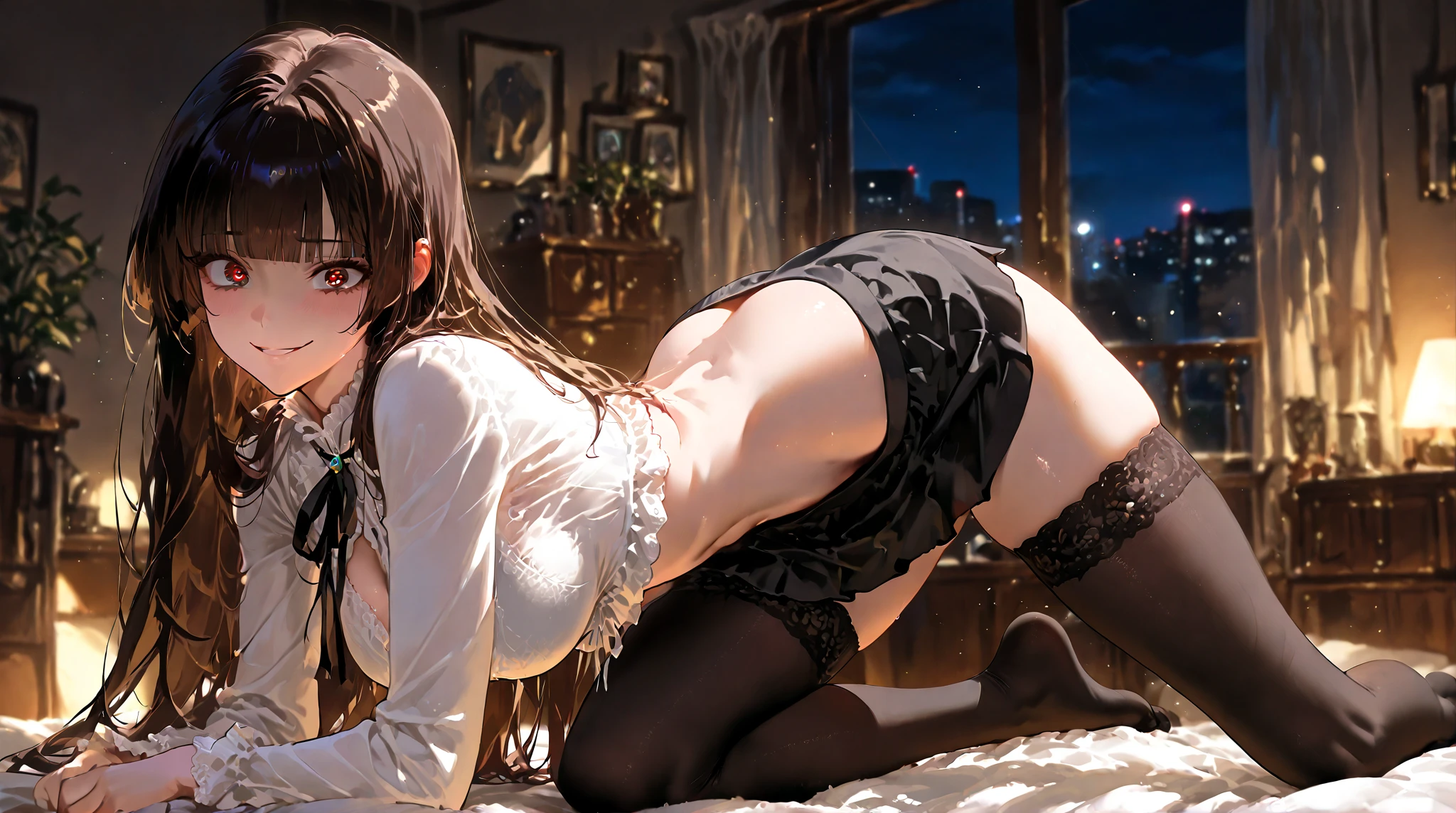 top-quality、Full limbs、complete fingers、((1girl in:1.3))、((one beautiful women、独奏))、Beautiful Large Breasts、Brown hair、Medium Hair、straight haired、((Black Bikini:1.3))、((thigh-high black socks))、Black cardigan、Naughty Poses、Bedroom、a bed、A big smile、Open crotch、Rear view、Composition seen from behind