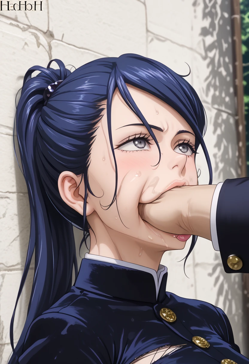A gorgeous black-haired girl gives a blowjob in a school classroom