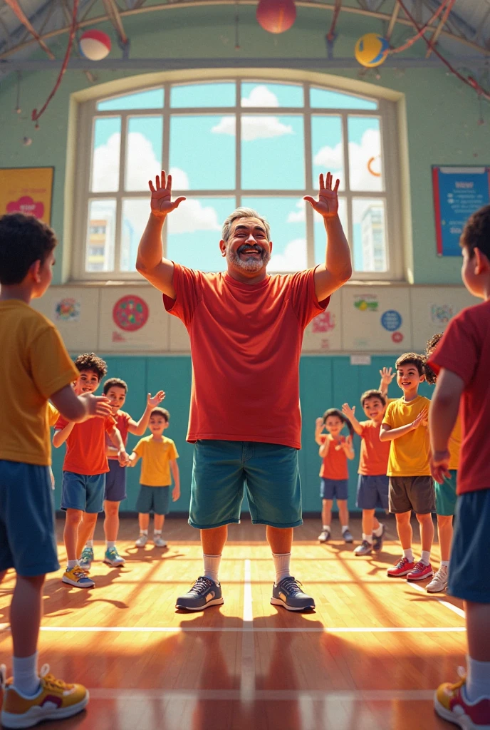 Imagine a white man with 1,88 inches tall at 60 years old, hair very gray above the shoulder, large beard of about 10 cm. He wears gym pants that are raised to knee height, his shins have several purple spots (He emphasizes). This man is in a school setting where some children are playing, Others are concentrated, some children seem to be afraid because they think the purple spots may be contagious. generate an image.