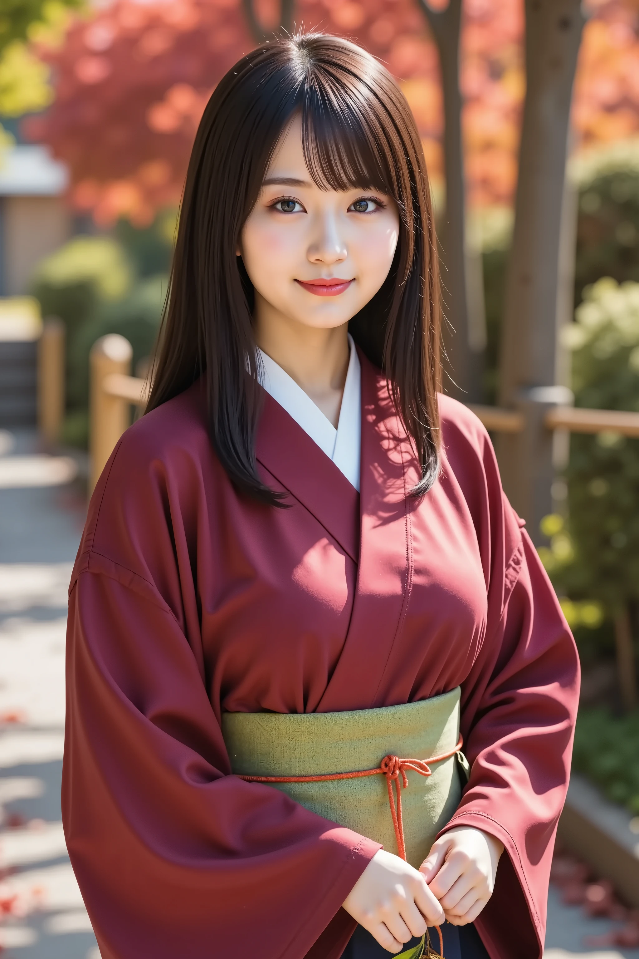 firm breast, by adjusting the framing so the subject's full head is visible within the composition, a highly detailed and realistic digital illustration of a female character in a stylized military-inspired fantasy outfit, A realistic photograph of a young woman shown from just below the shoulders, ensuring her full head is completely within frame. She is wearing a traditional Japanese kimono in deep red with a white inner collar and wide sleeves, featuring visible stitching and authentic fabric texture that reflect realistic folds and subtle shadows. A green obi with decorative knotting and orange cords wraps her waist, cinching the kimono in place with appropriate creasing and layered structure. She is holding a gold folding fan with both hands positioned at chest level, the fan reflecting light naturally. The setting is an outdoor pathway lined with greenery and a traditional wooden handrail on one side. The ground is paved with stone and scattered with fallen red maple leaves. Background trees display vivid autumn foliage in shades of red, orange, and yellow, under soft sunlight that filters through the branches, casting gentle shadows and creating a calm seasonal ambiance. The scene should capture natural environmental lighting and soft contrasts, highlighting the textures of the kimono and the surrounding nature. The camera angle is straight-on, with moderate depth of field to maintain sharp focus on the subject while keeping the background recognizable. No anime or stylized elements; all features, materials, and surroundings should be photorealistic. Ensure the background is clearly visible with identifiable natural details like leaves, shadows, and textures in the environment, while the framing keeps her fully within the image, centered and portrayed in a balanced, realistic composition.
