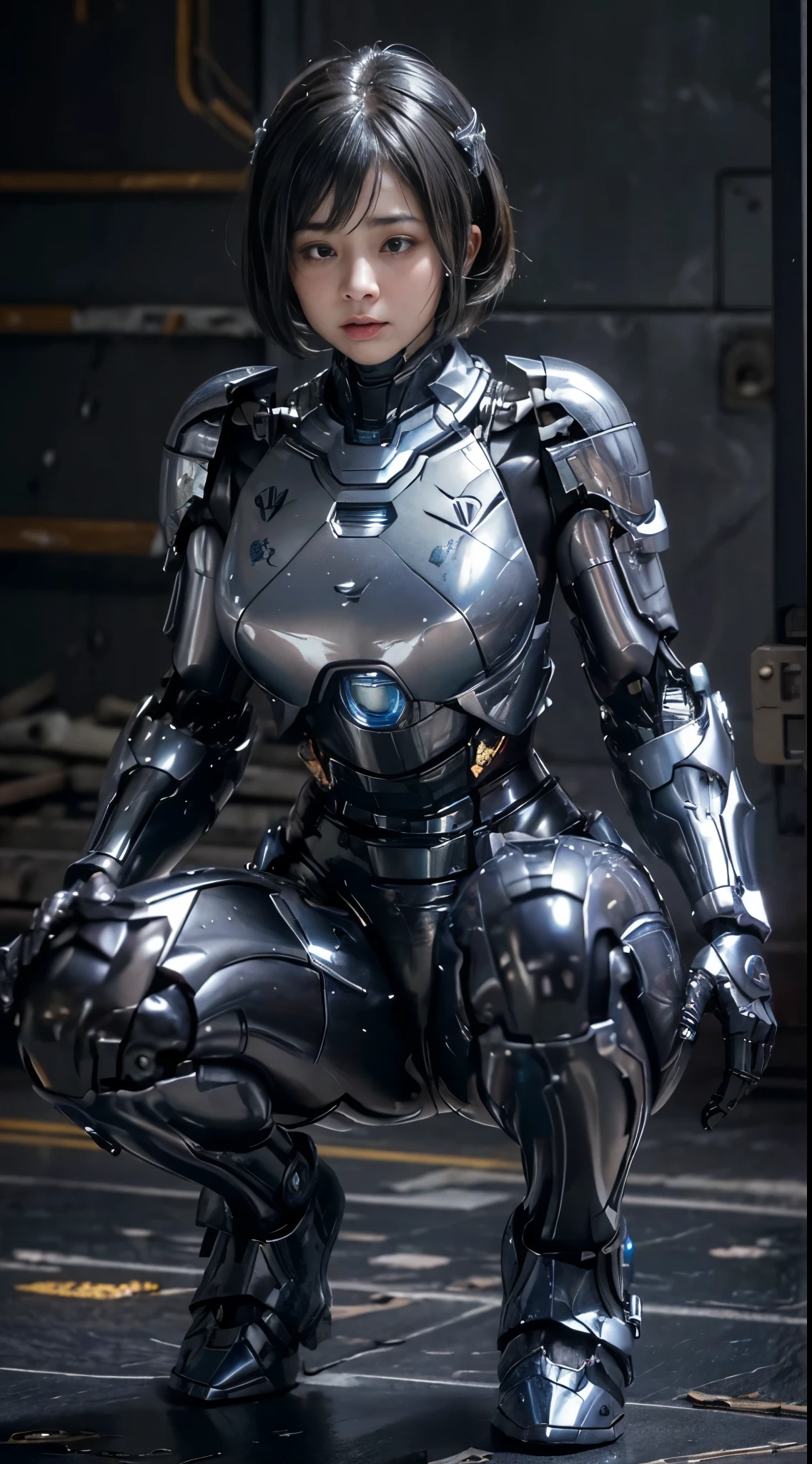 ((Middle-aged women))Textured skin, Super detailed, Attention to detail, high quality, 最high quality, High resolution, 1080P, , (Lie on your back)beautiful,(War Machine),beautifulサイボーグ女性,Mecha Cyborg Girl,()((Heavily damaged armor)),A woman with a feminine mechanical body、Kind Face　Black-haired,Full Body Shot)、、A lot of sweat on the face、A blank look、Sleep on your back、Turn your face at an angle、Open your mouth((Sticking out tongue)、Smoke comes from the whole body((There are deep cracks in the armor all over his body.))(Short-haired　Spread your legs　is visible　squat　water　Chiquita　((Embarrassed expression))