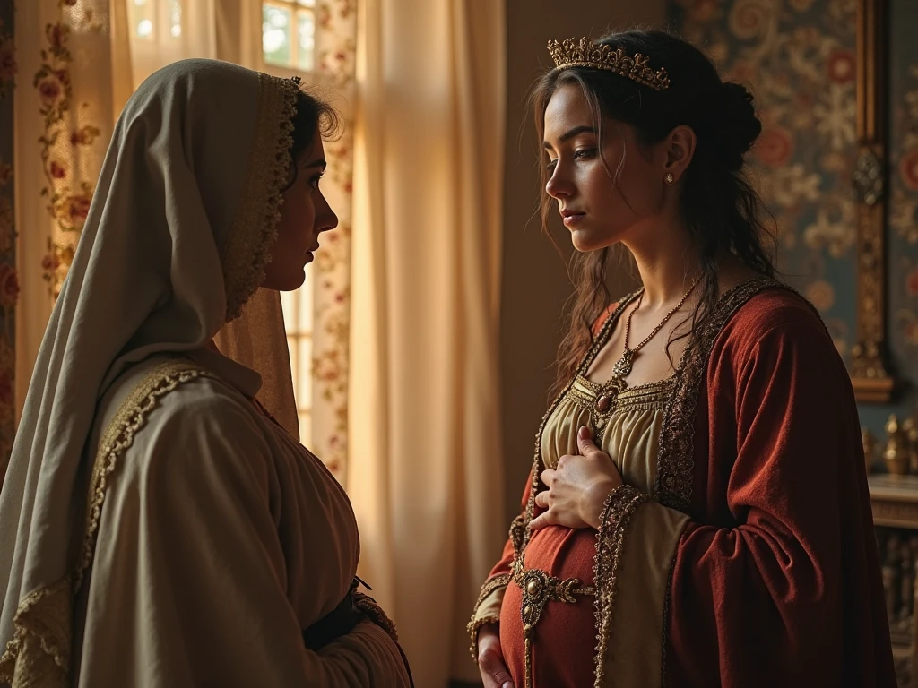 Create an image that illustrates the scene where Ivan the Terrible confronts his pregnant daughter-in-law for wearing immodest clothing.